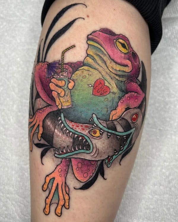 Beetlejuice themed tattoo with a toad and sandworm.