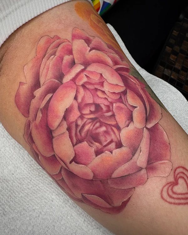 Tattoo of a large, pink peony.