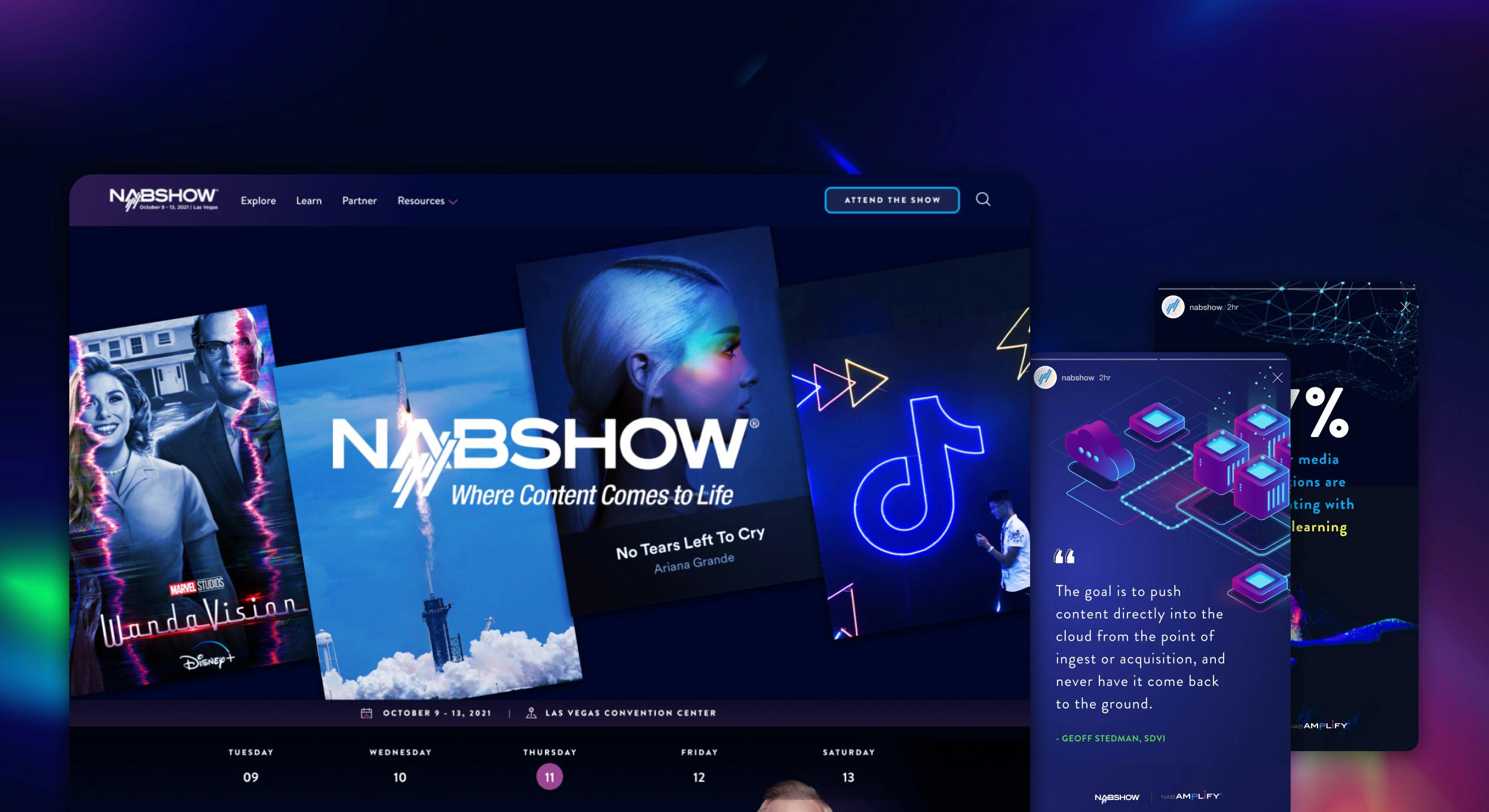 A graphic that shows example of the NAB Show homepage, including a schedule, as well as two sample instagram posts in the new branding.