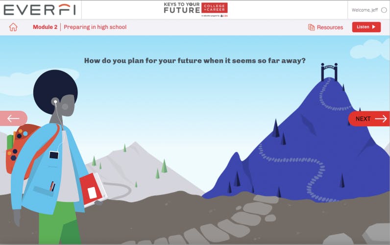An example of an illustration of a student looking forward along a path that leads up a mountain from an eLearning course designed for Everfi.
