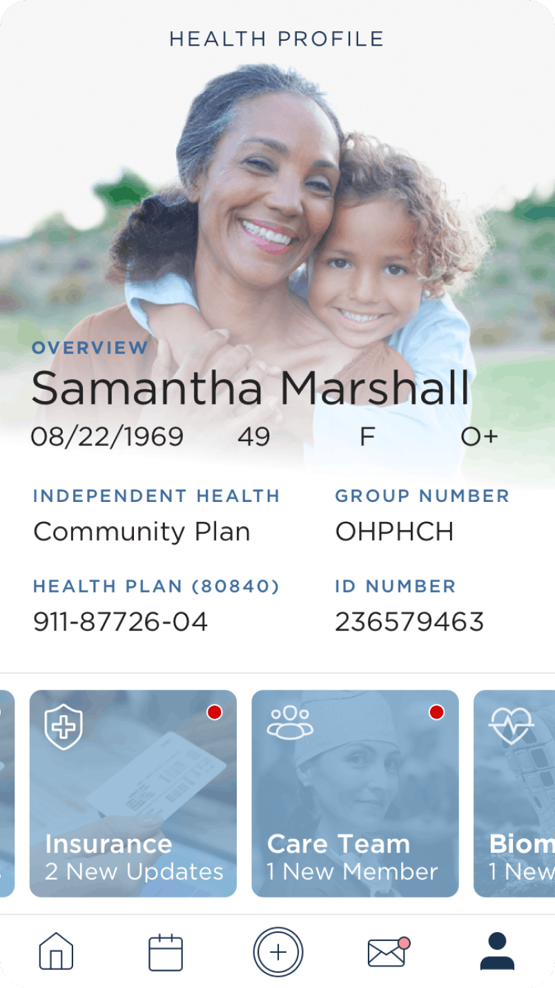 Profile screen from the Comcast app, showing insurance information and other key health data.