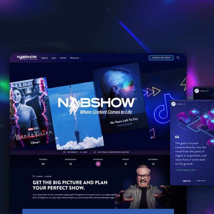 A graphic that shows example of the NAB Show homepage, including a schedule, as well as two sample instagram posts in the new branding.