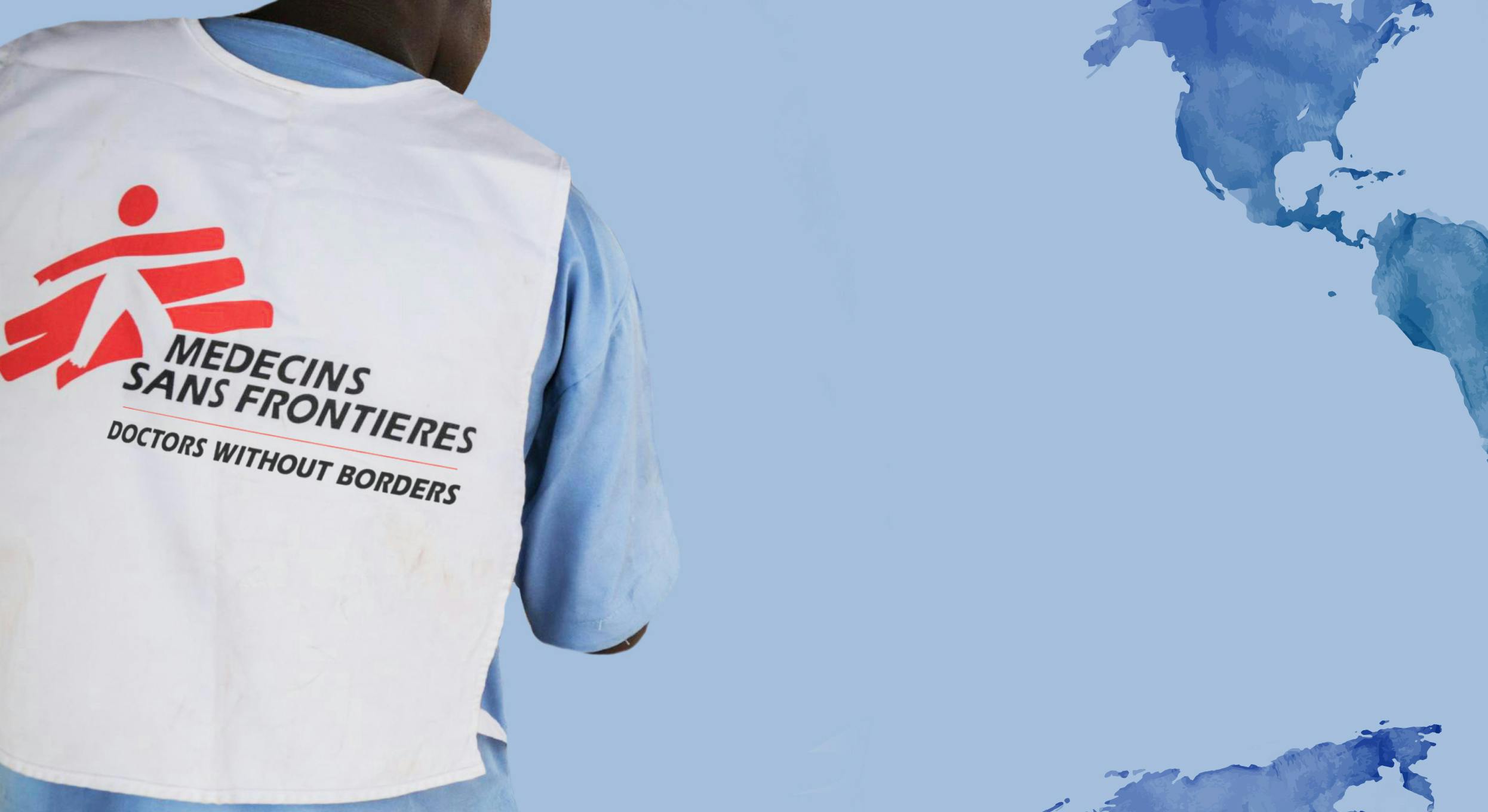 A graphic design of a person wearing a Doctors Without Borders vest in front of a sky blue representation of a world map.