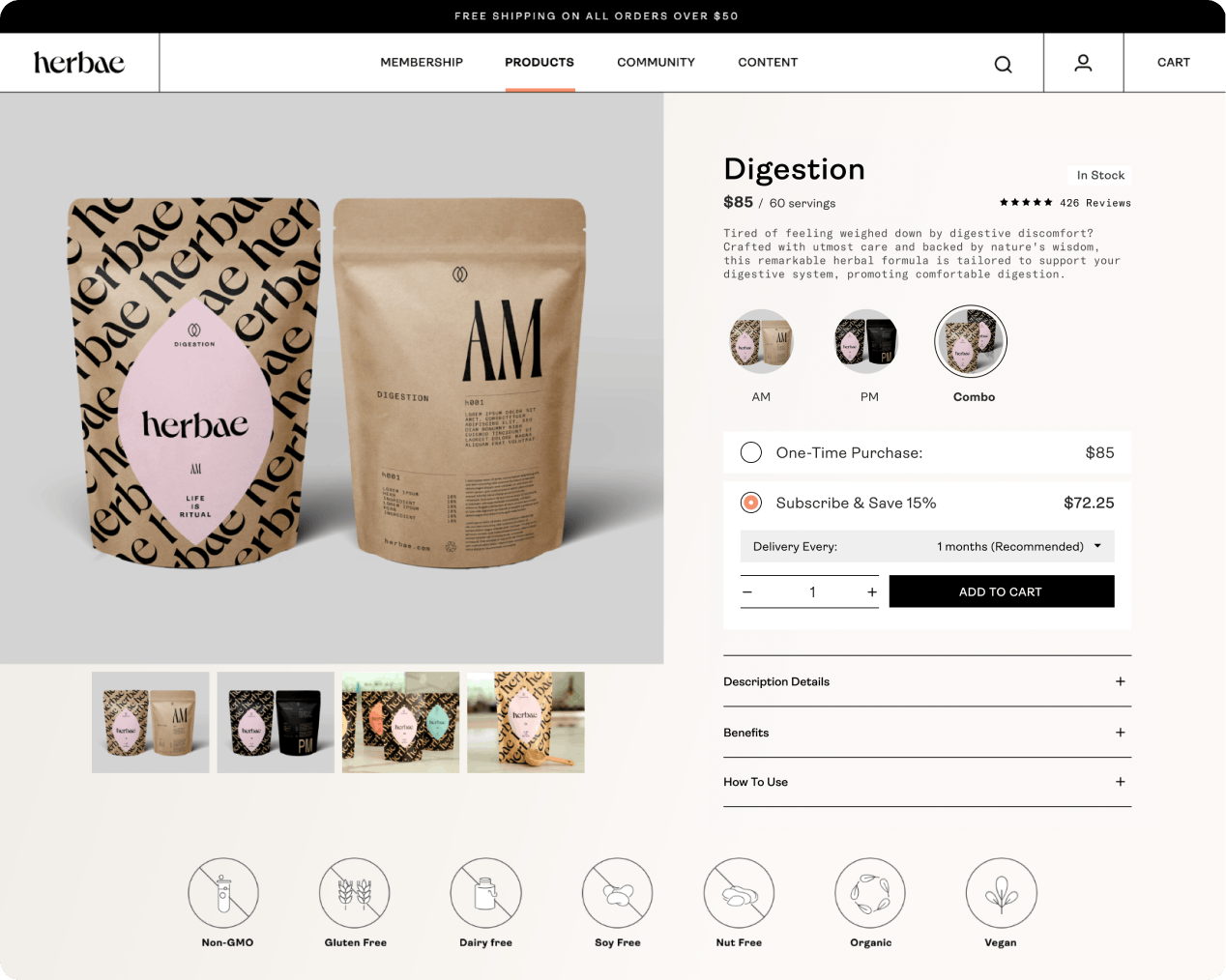 A conceptual product page on the Herbae website featuring the "Digestion" product, with product photography, a description, and pricing information.