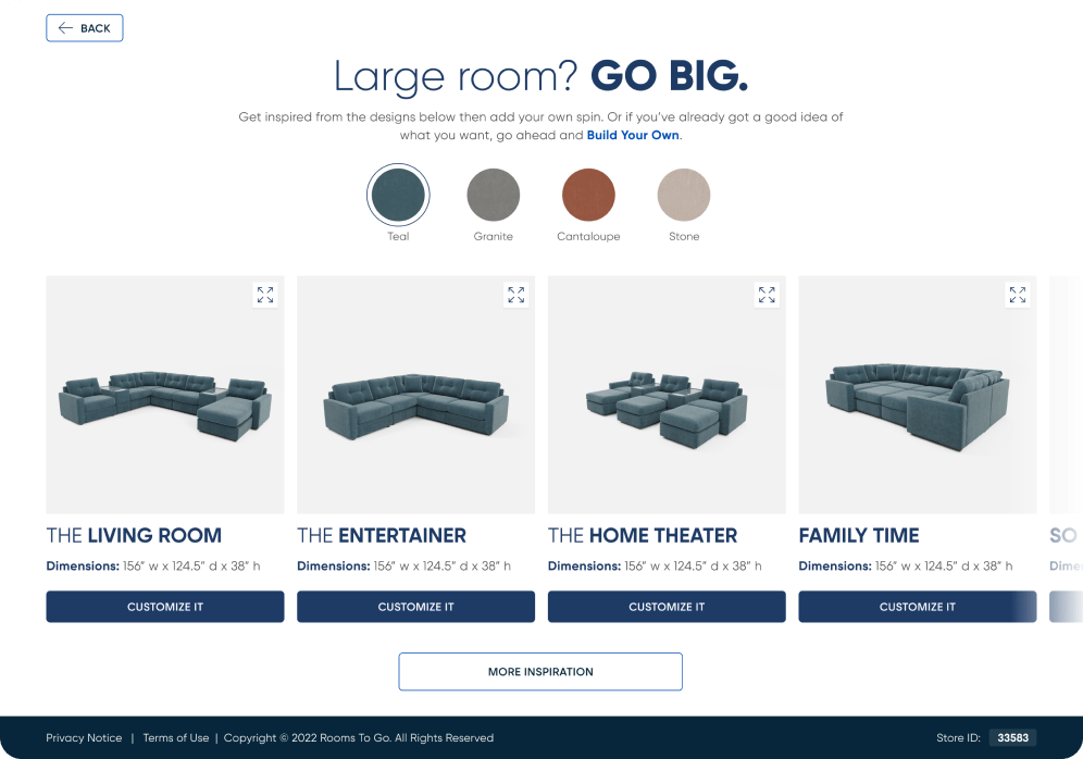 Screenshot of pre-designed sectionals in sofa configurator app.