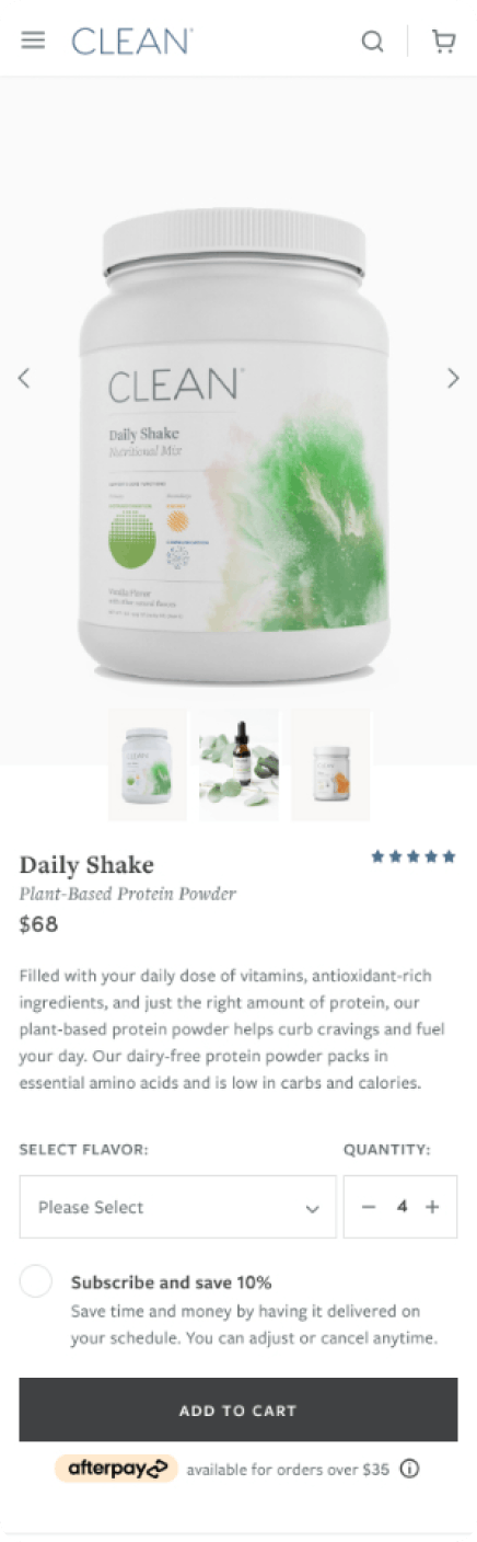 A view of the product feature page of Clean, featuring the "Daily Shake" and including product photography, a description, and pricing information.