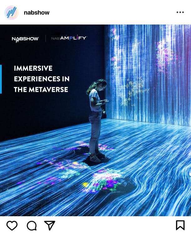 An example of a graphic made for Instagram, showing a depiction of a woman experiencing virtual reality with the caption "Immersive experiences in the Metaverse"