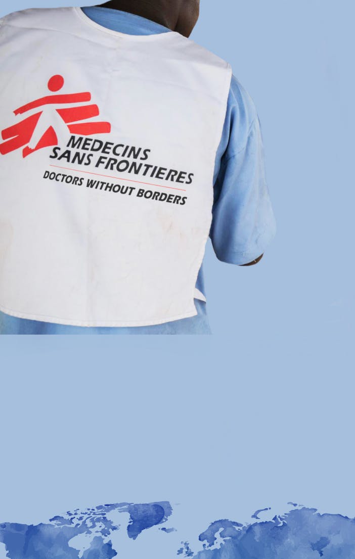 A graphic design of a person wearing a Doctors Without Borders vest in front of a sky blue representation of a world map.