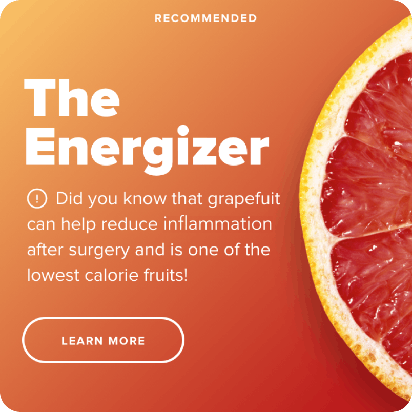 Recommendation widget from the Comcast app, showing a fun fact: "Did you know that grapefruit can help reduce inflammation after surgery and is one of the lowest calorie fruits!"