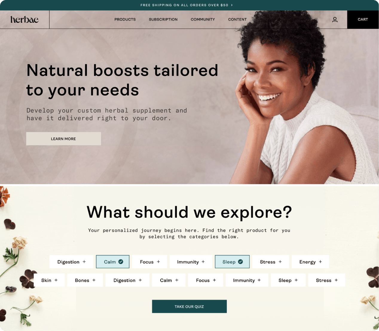 Screenshot of a conceptual homepage of the new Herbae brand featuring Gabrielle Union
