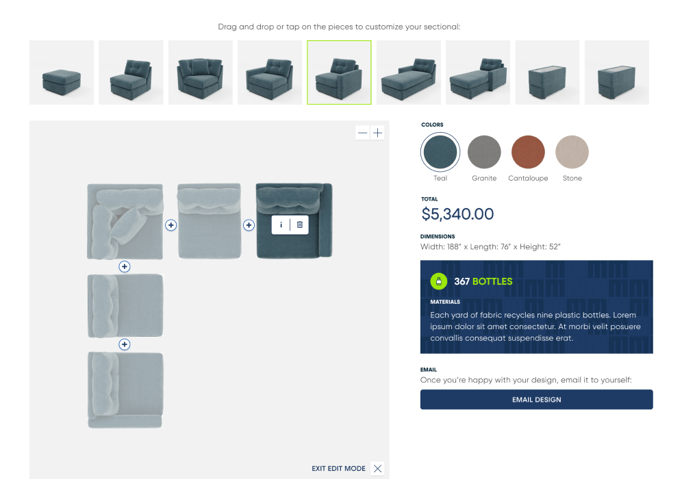 Sofa configurator app, displaying the current sofa configuration, price, color, and options of additional pieces to add.