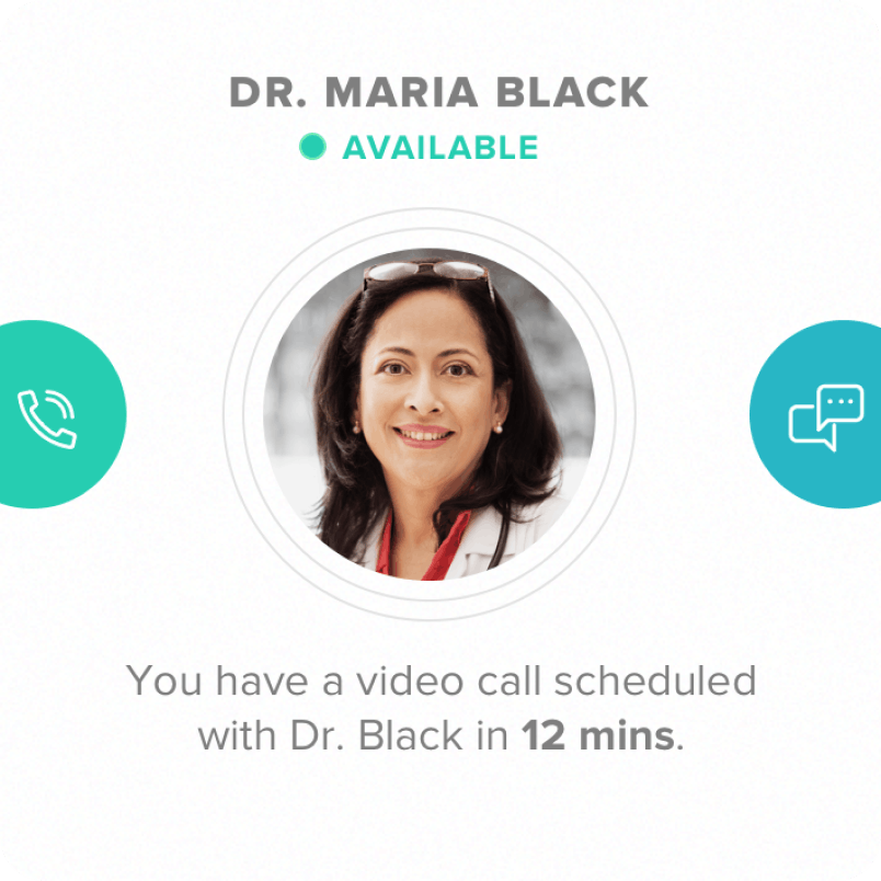 A telecom example from the Comcast app. The user is being notified that they have a video call with Dr. Black in 12 minutes, and features a photo of the doctor and two options to communicate with her.