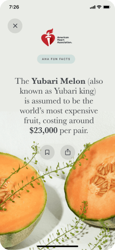A screenshot of the Go Red concept app fun fact - "The Yubari Melon (also known as Yubari King) is assumed to be the world's most expensive fruit, costing around $23,000 per pair."