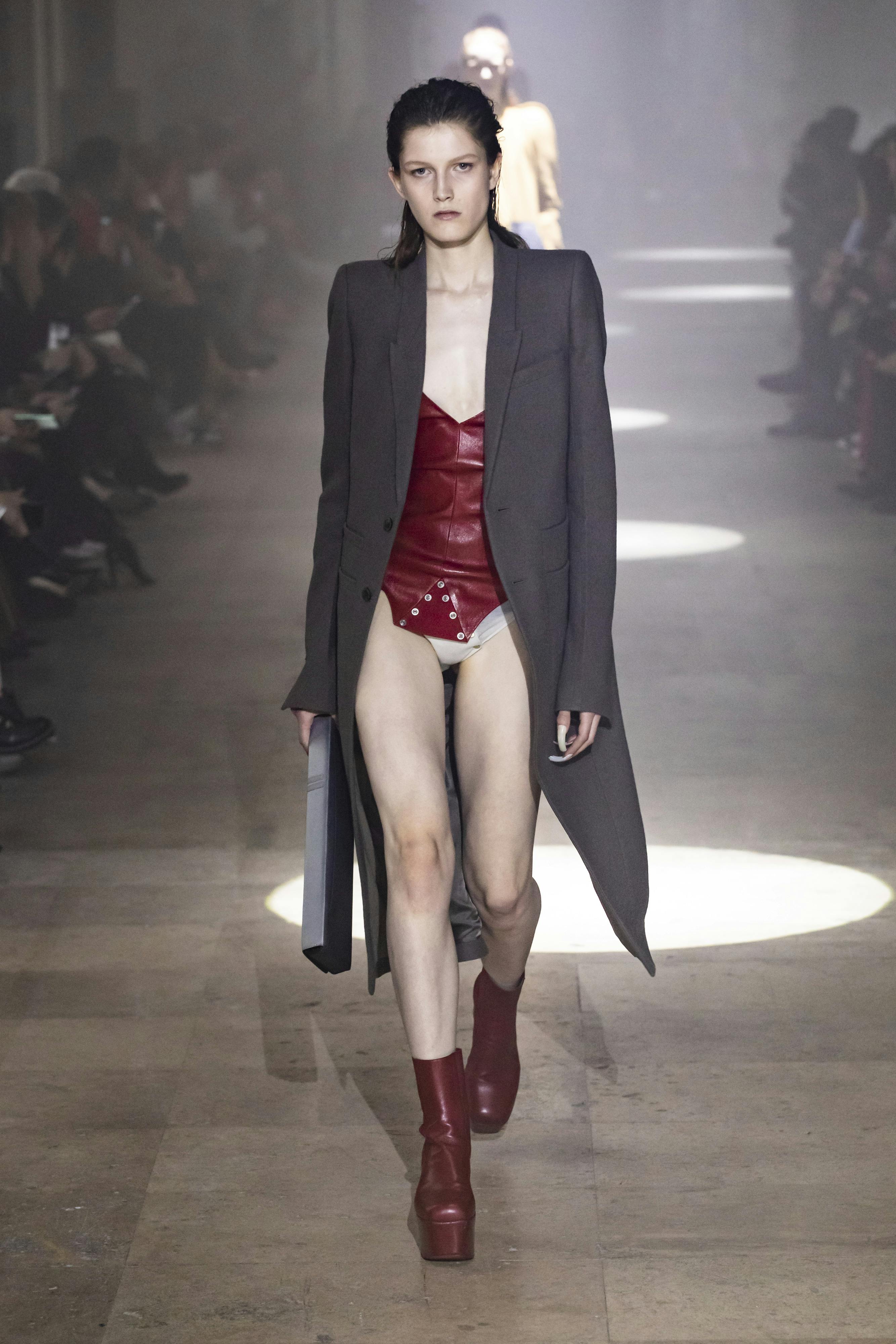 Rick Owens Runway Grey Long Coat Red Leather Sally Body Suit Red Kiss Leather Boots Womens FW19 Larry