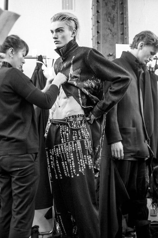 Yohji Yamamoto Backstage Print Coat in Black Loose Fit Script Print Trousers FW19
