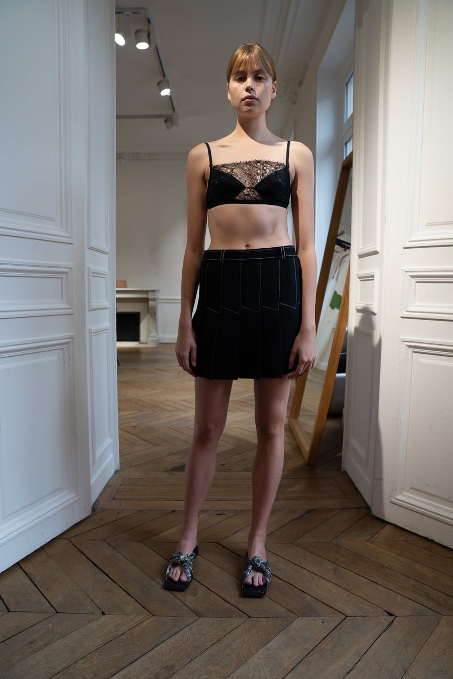 Dion Lee Backstage Marrow Lace Bandeau in Black Column Pleat Mini Skirt Spring 20 RTW 