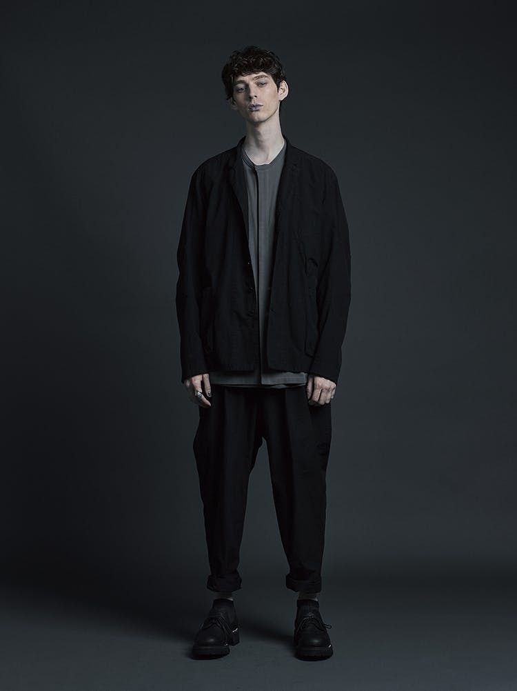 The Viridi-Anne Campaign Strong Twist Double Weave Jacket in Black Strong Twist Double Weave Cotton Short Sleeve Shirt in Grey Loose Fit Trousers SS20