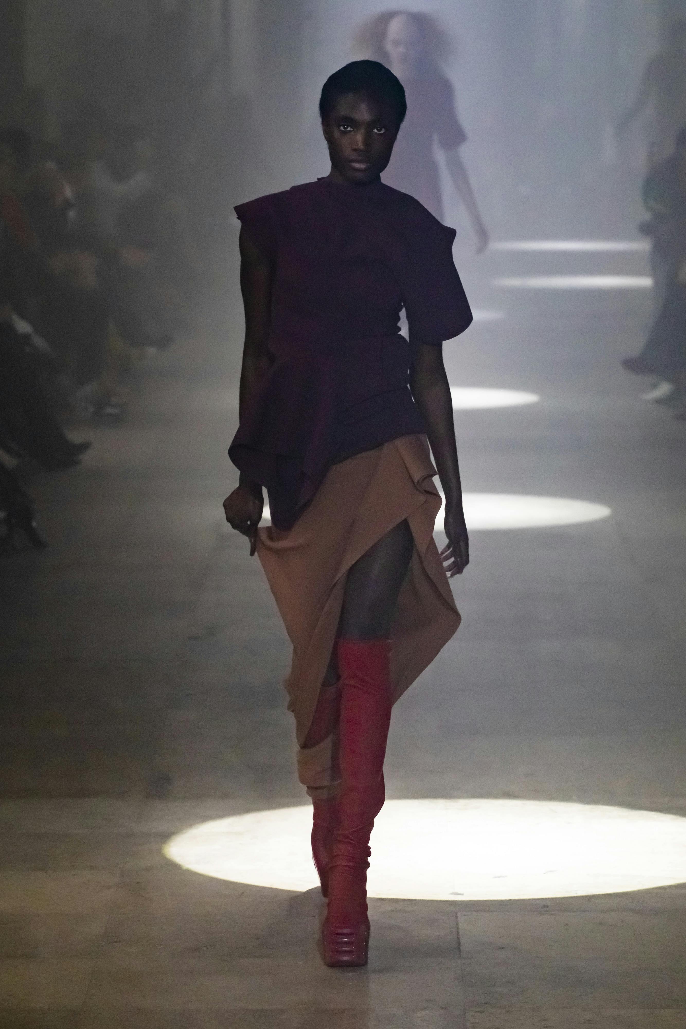Rick Owens Runway Purple Multi Layered Rushed Top Brown Draped Skirt Red High Leather Boots Womens FW19 Larry