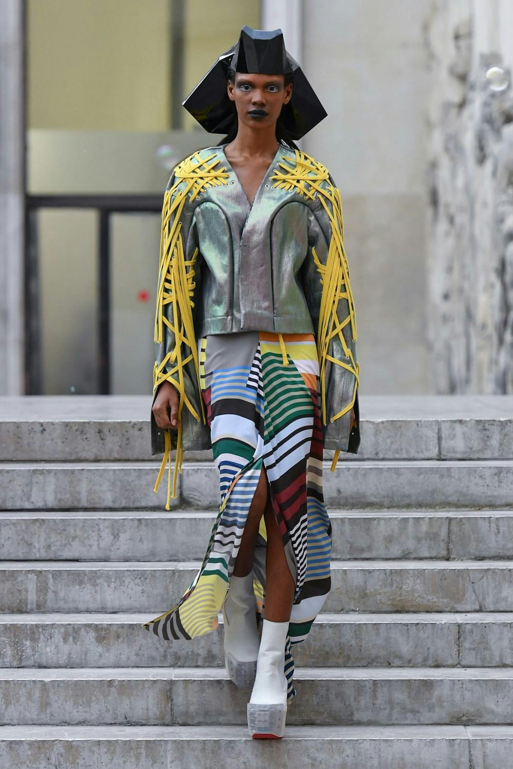 Rick Owens Runway Aztec Headpiece Yellow Mega Laced Multi Colored Relefective Jacket Uxumal Multi-Colored Print Cupro Skirt White Kiss Grill Boots	Womens SS20 Tecautl