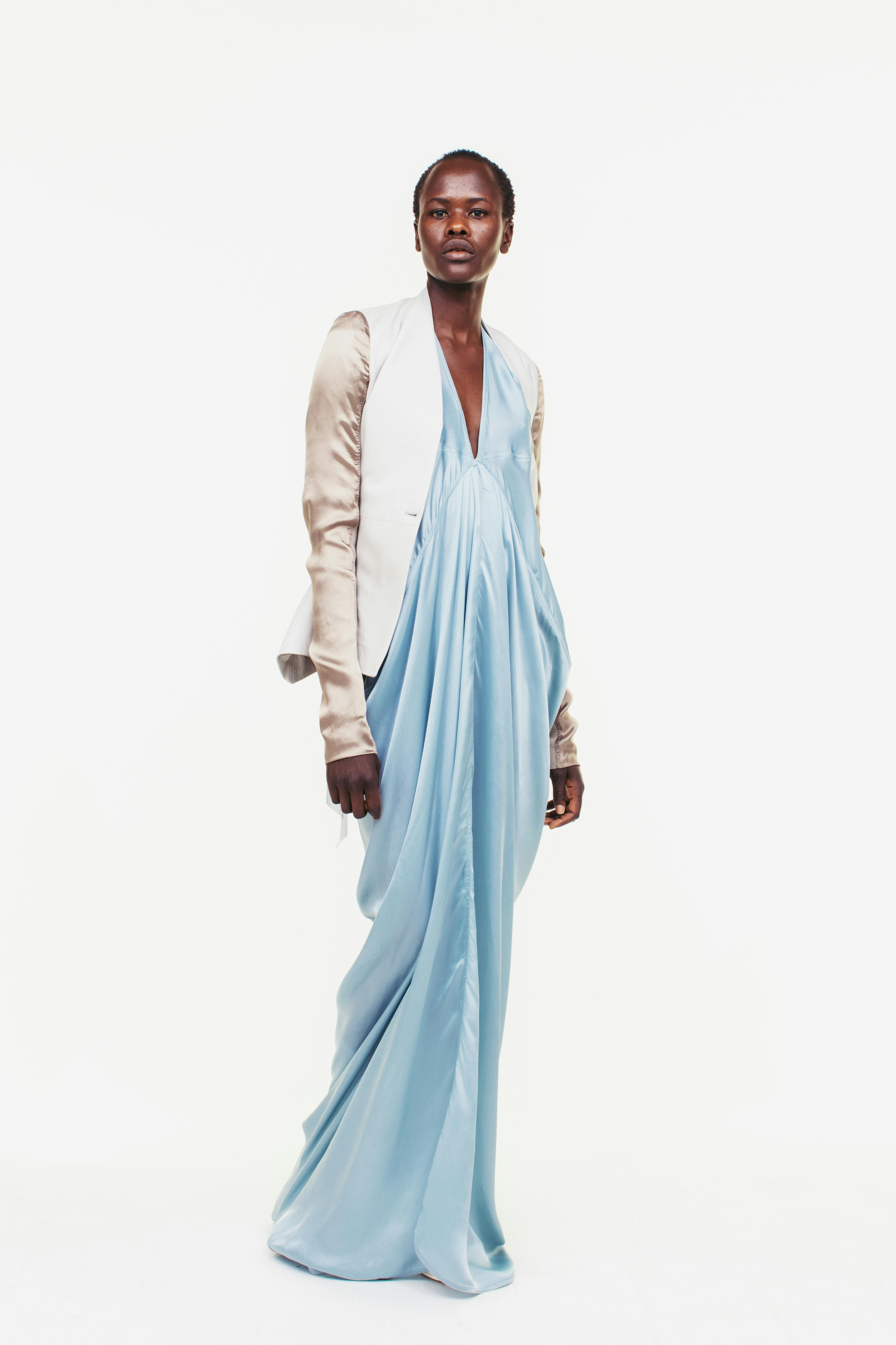 Rick Owens Campaign Mulit Fabric Silk Armed Blazer in White Draped Dropped V Neck Dress In Light Blue 	Womens SS19 Pre Collection