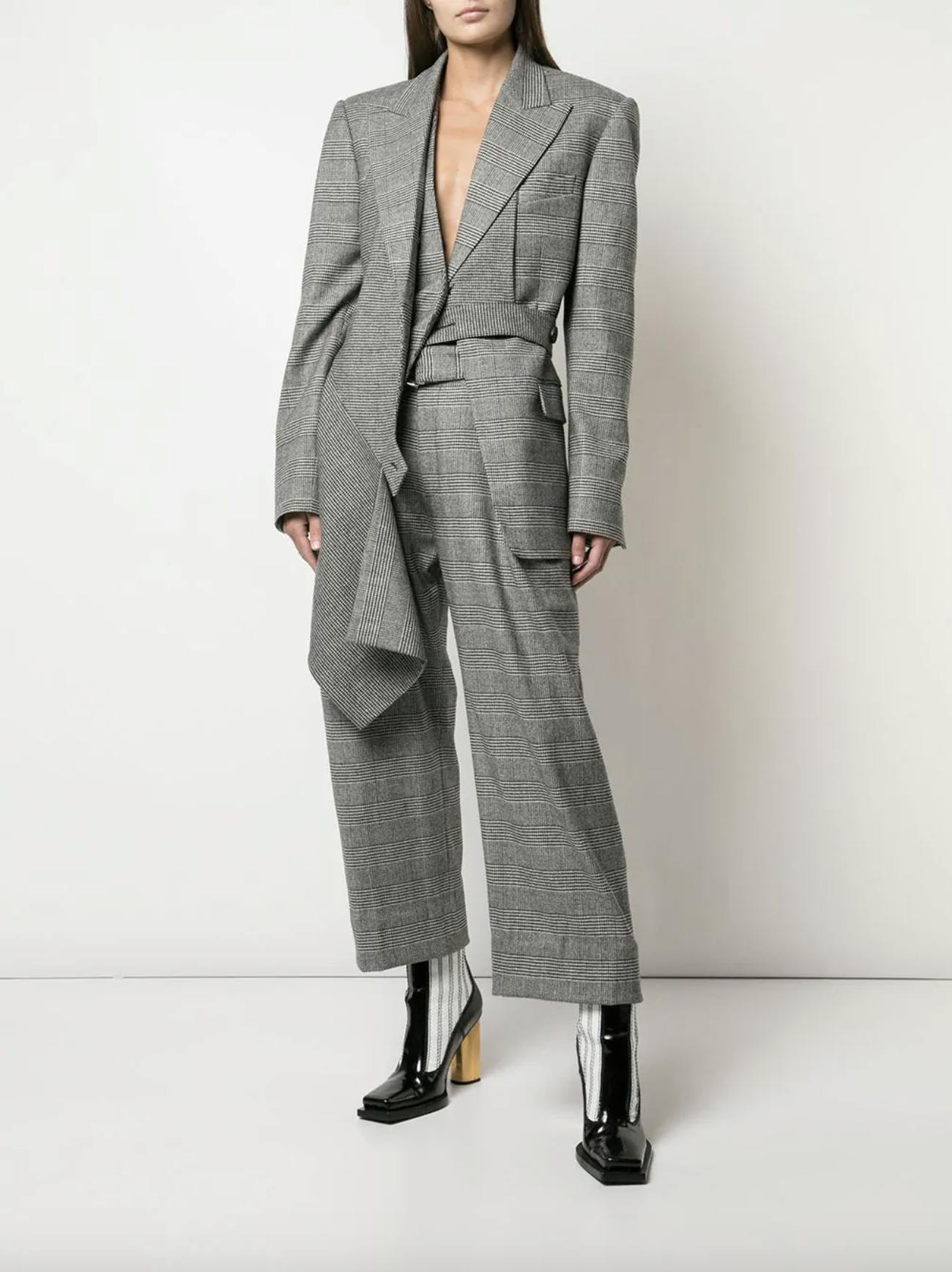 Proenza Schouler Draped Wool and Cashmere Blend Plaid Blazer Drop Waisted Belted Pants with Mirrored Heel Boots Fall 2019