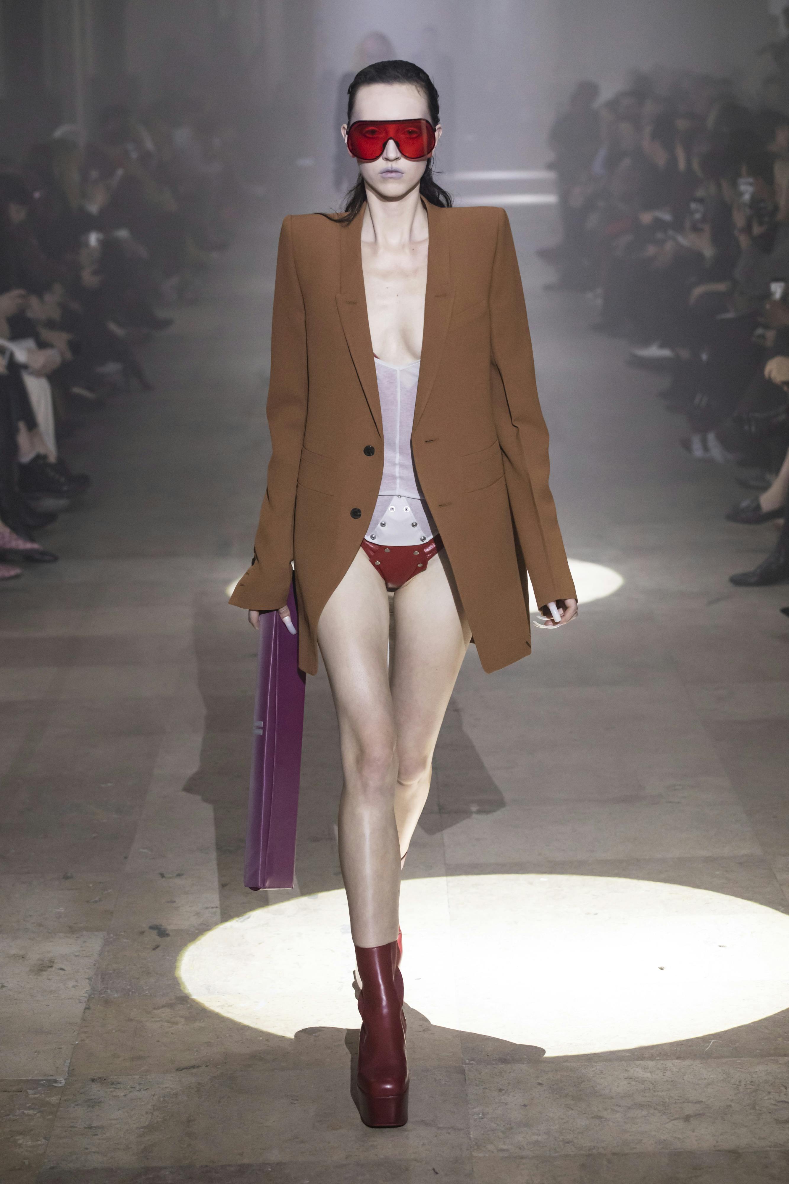 Rick Owens Runway Red Sheild Sunglasses Brown Long Blazer White Sally Bodysuit Red Kiss Leather Boots Womens FW19 Larry