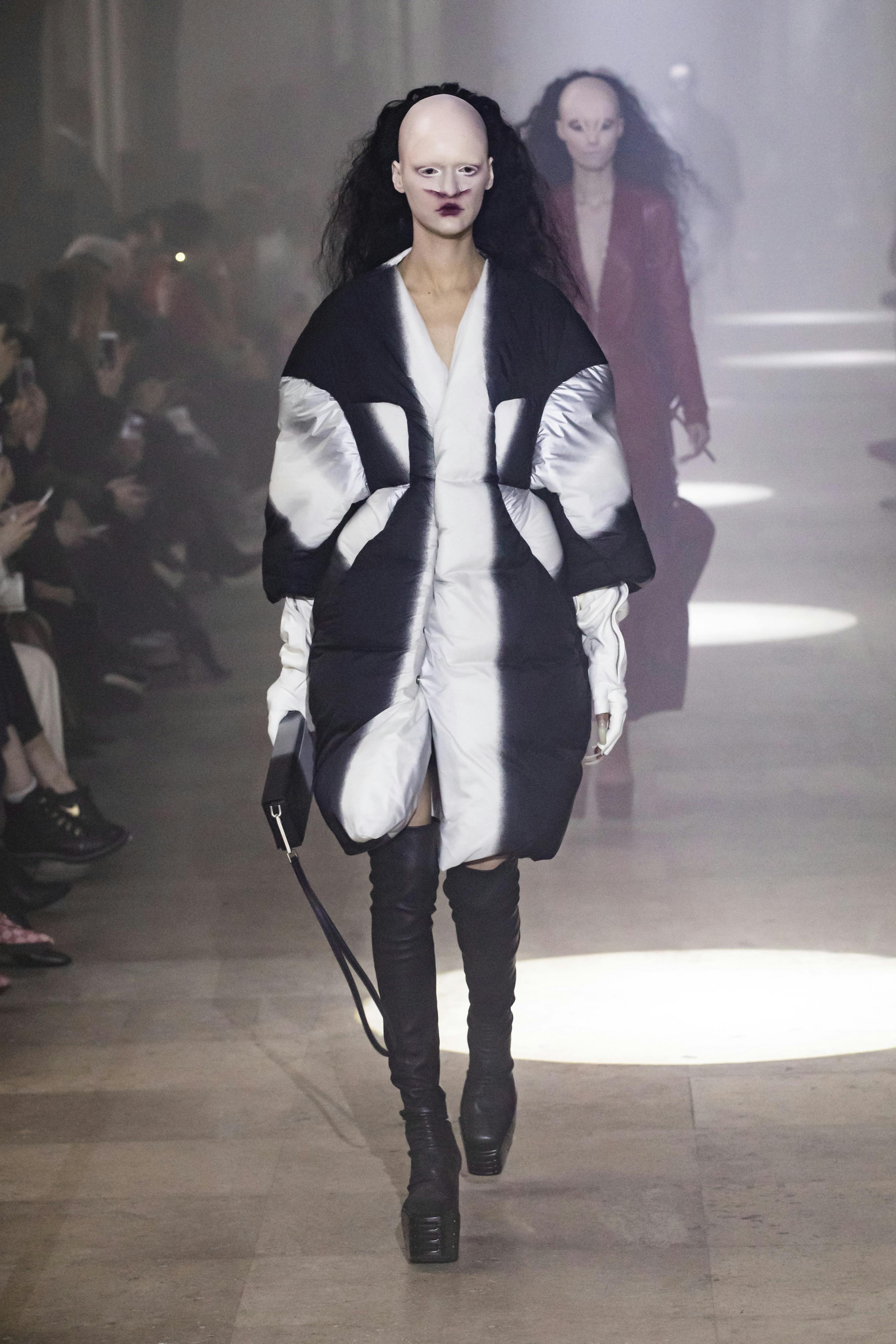 Rick Owens Runway Black Silver Toned Puffer Coat Black High Kiss Grill Leather Boots Black Clutch Bag Womens FW19 Larry