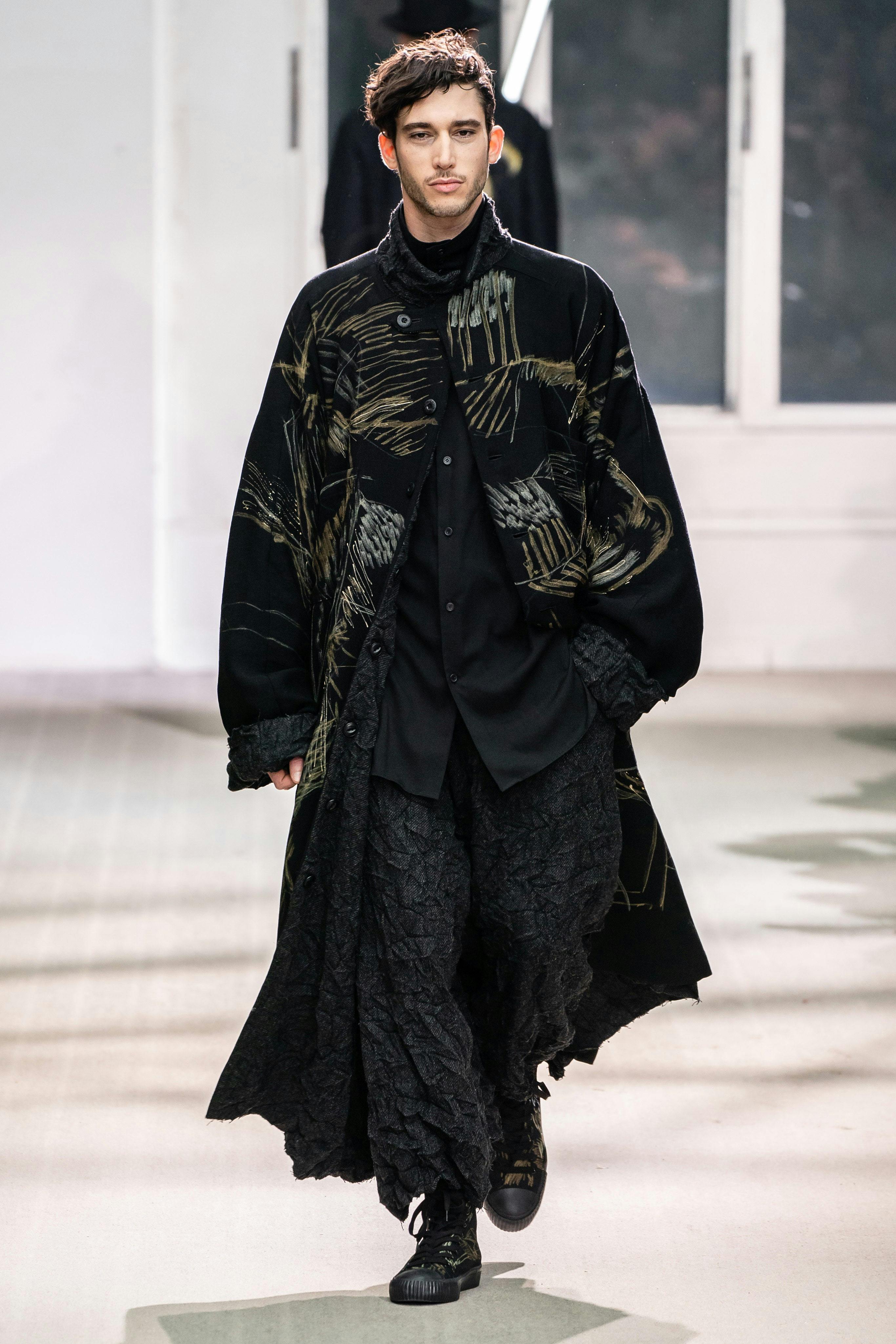 Yohji Yamamoto Long Oversized Print Coat Wrinkled Loose Fit Trousers in Black FW19