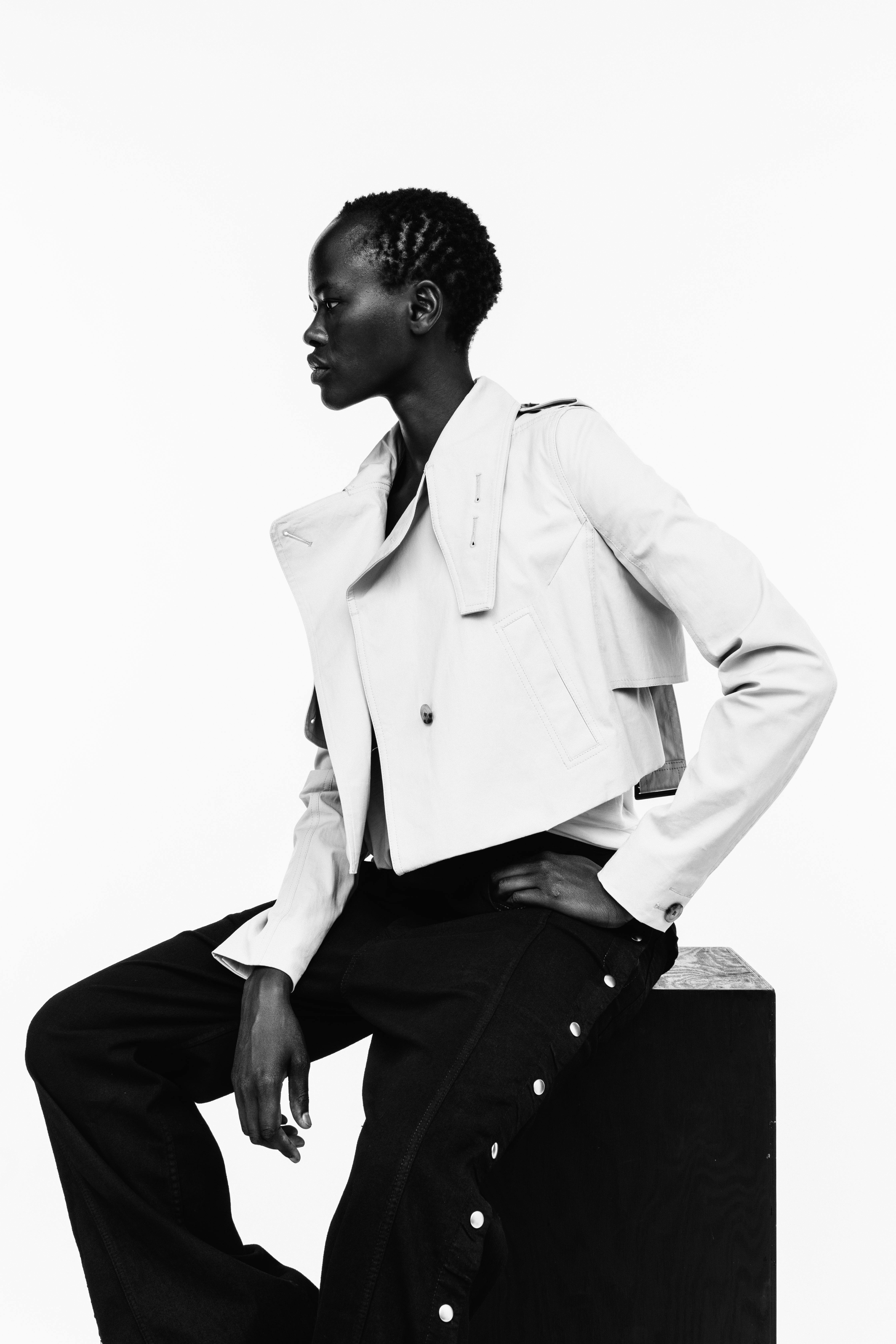 Rick Owens Campaign Short Trench Jacket in White Side Snap Loose Fit Trousers in Black Womens SS19 Pre Collection
