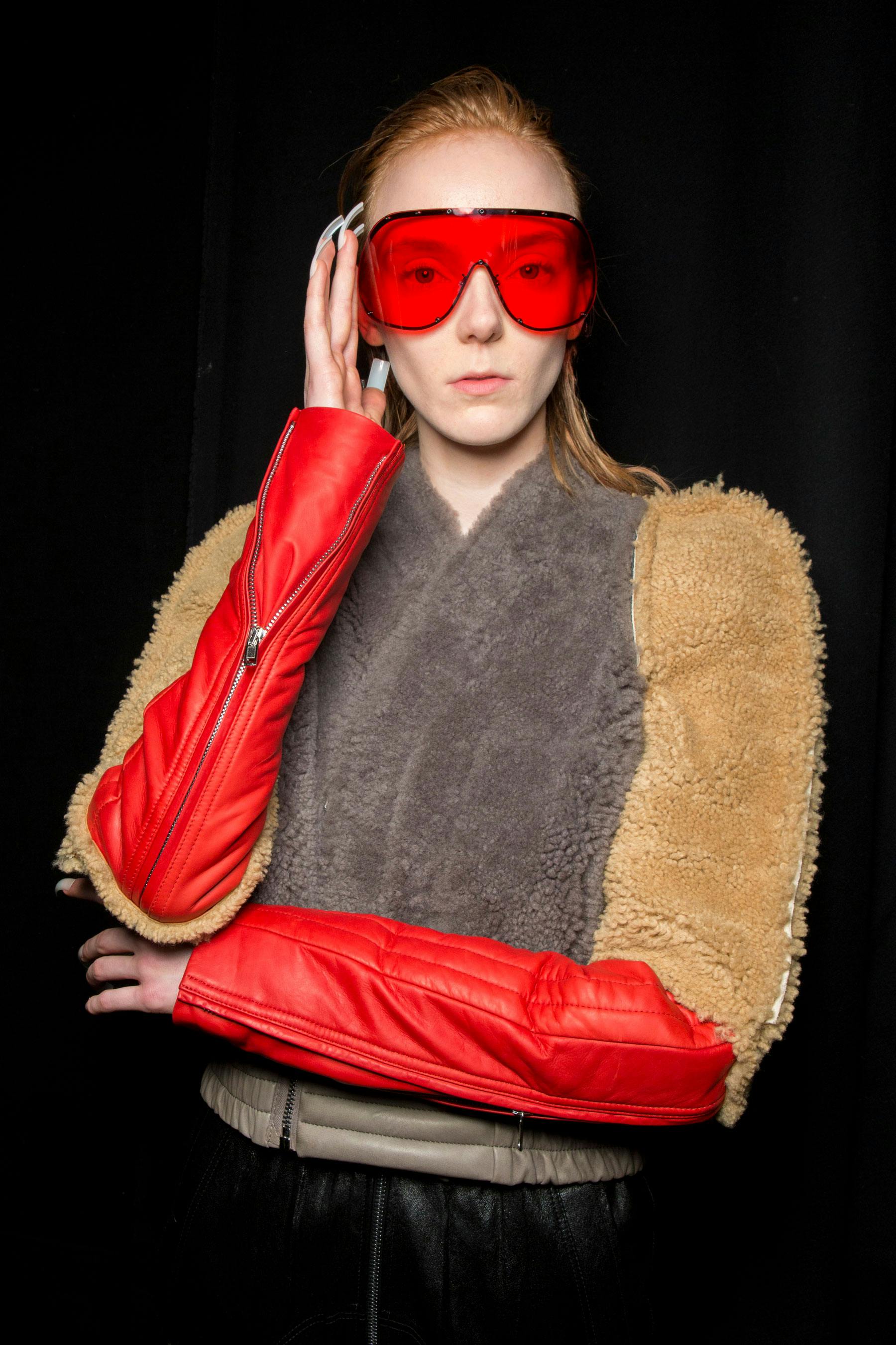 Rick Owens Backstage Red Sheild Sunglasses Multi Colored Sharp Shoulder Sherpa Jacket With Leather Sleeves Womens FW19 Larry