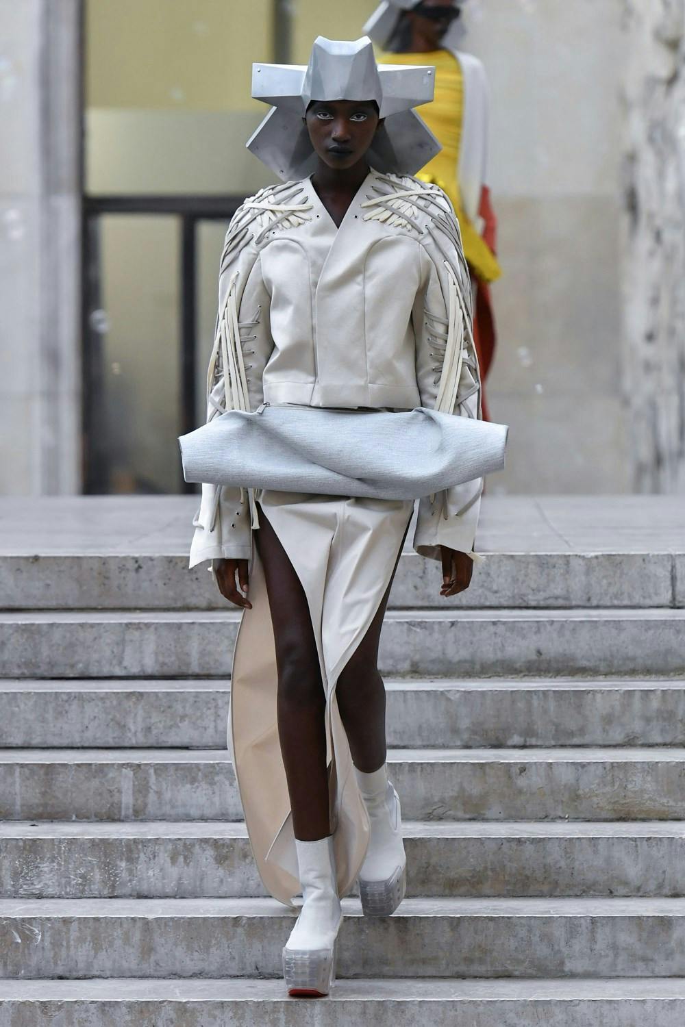 Rick Owens Runway Aztec Headpiece White Mega Laced Leather White Jacket White Leather Skirt White Kiss Grill Boots Womens SS20 Tecautl