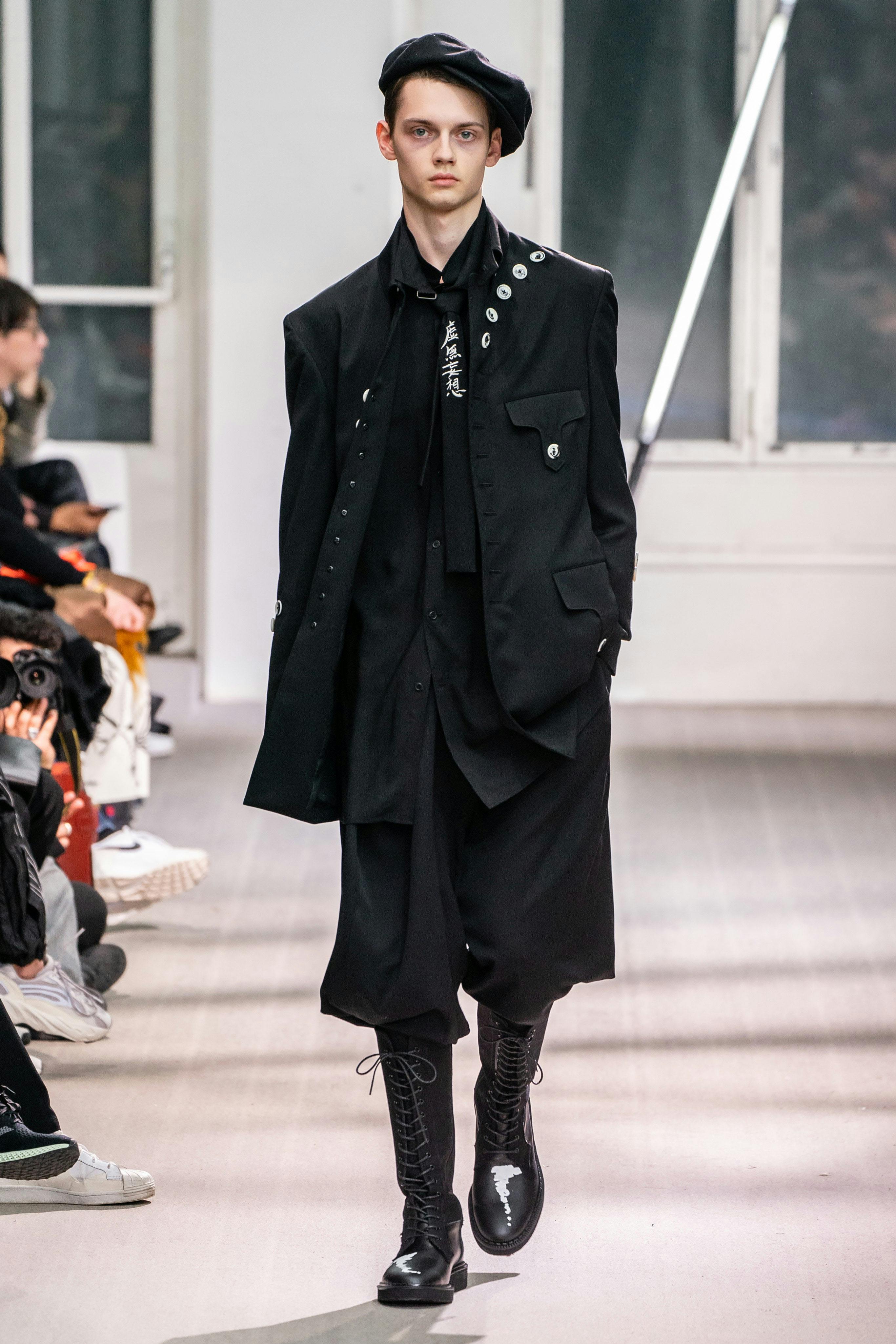 Yohji Yamamoto Buttoned Up Military Jacket Embroidered Square Tie Buckled Collar Longline Shirt Loose Fit Trousers High Print Combat Boots FW19