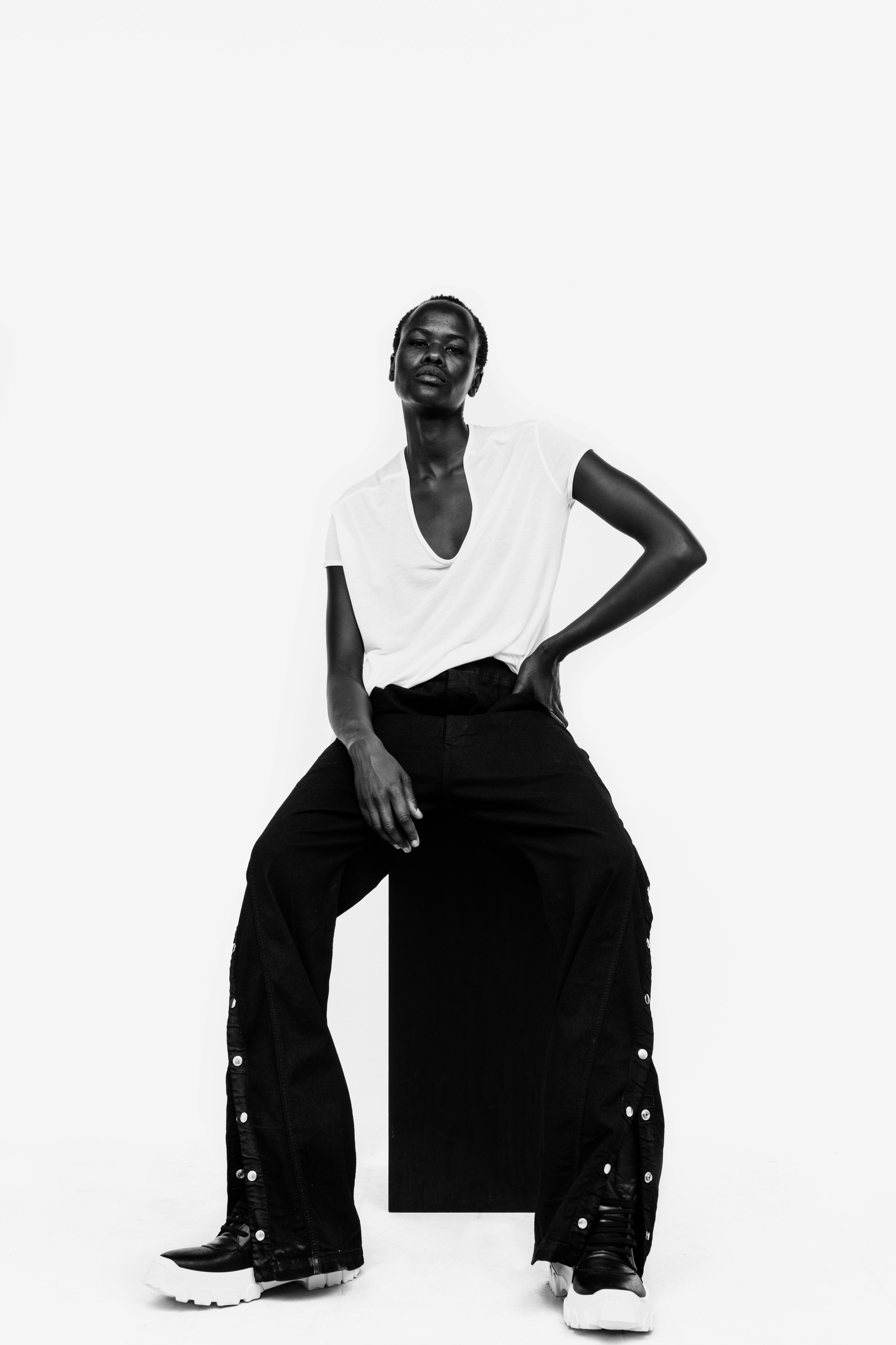 Rick Owens Campaign Loose V Neck T Shirt Side Snap Button Loose Fit Trousers Tractor Sneakers In Black Leather 	Womens SS19 Pre Collection