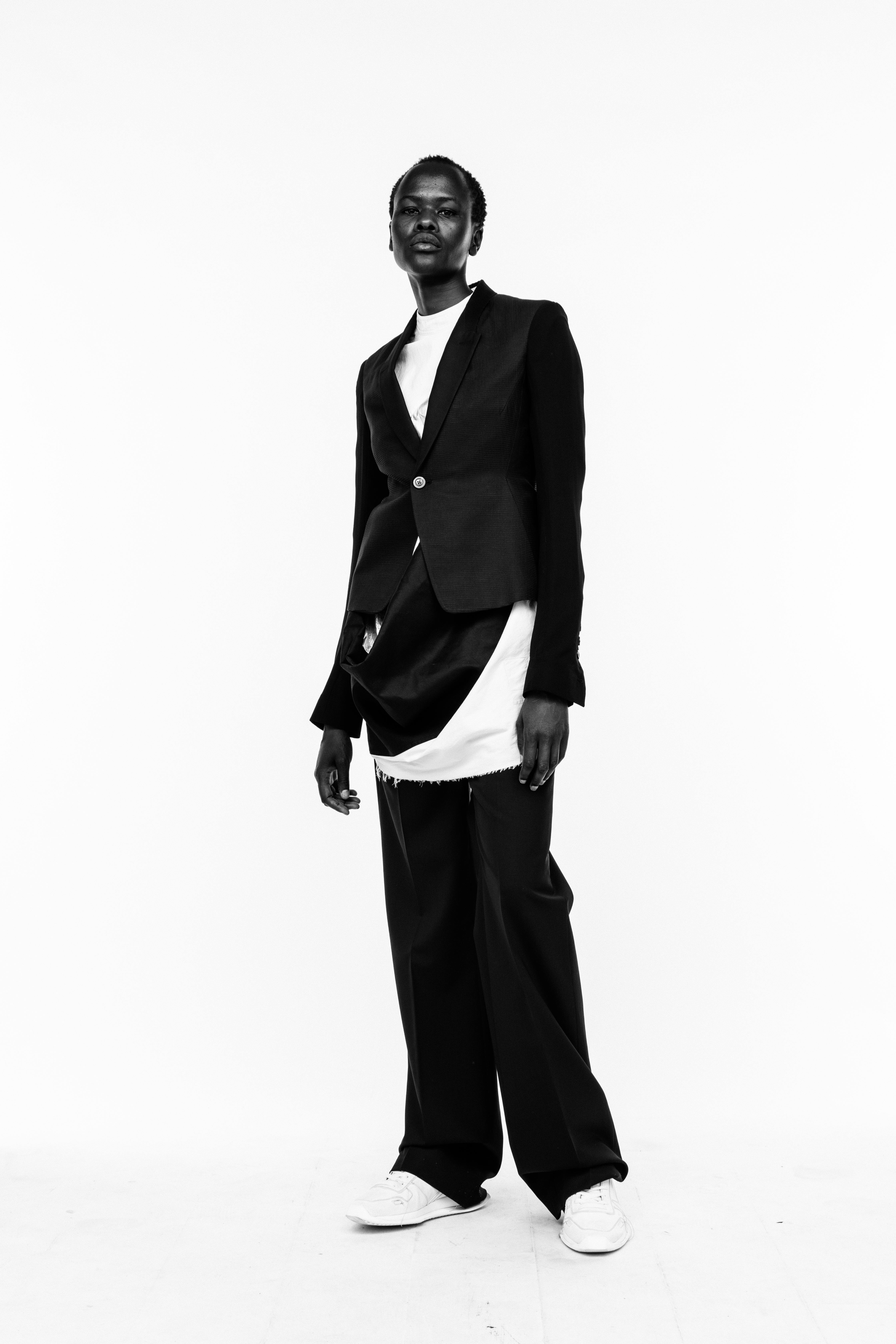 Rick Owens Campaign Slim Cropped Suede Sleeve Blazer Print T Shirt in White Loose Fit Trousers in Black Runner Sneakers in White Womens SS19 Pre Collection