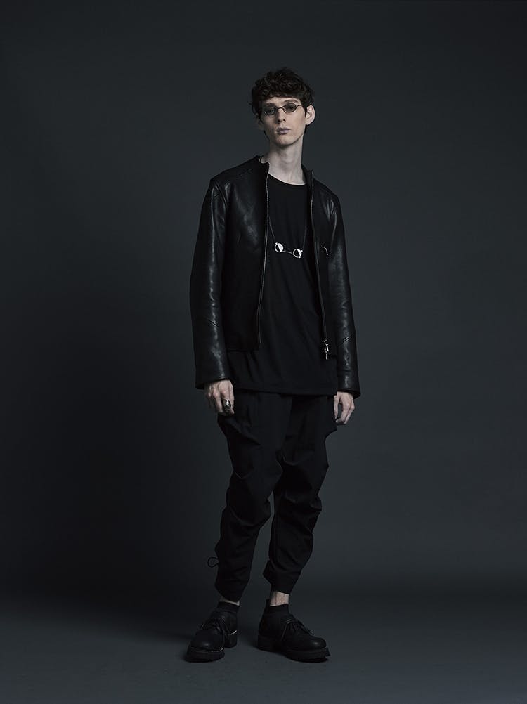 The Viridi-Anne Campaign Rigards Collaboration Sunglasses with Chain Single Riders Jacket in Black Lamb Leather  Pull Up Gather Pants in Black SS20