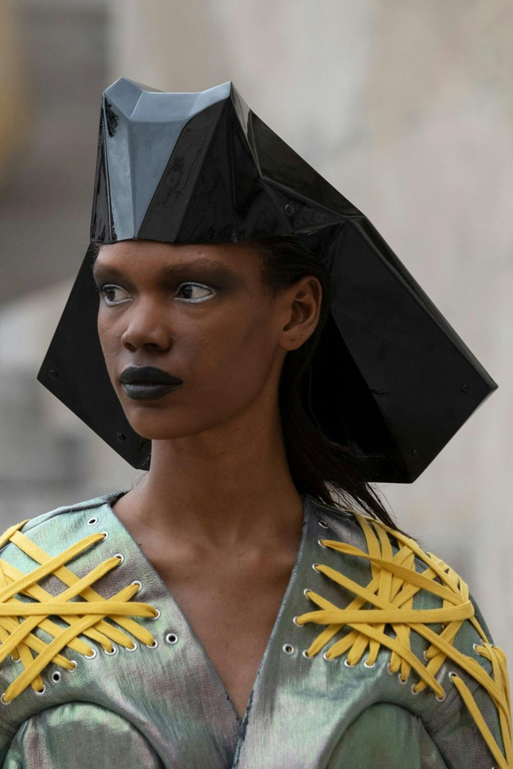 Rick Owens Runway Details Aztec Headpiece Yellow Megalaced Multi Colored Reflective Jacket 	Womens SS20 Tecautl