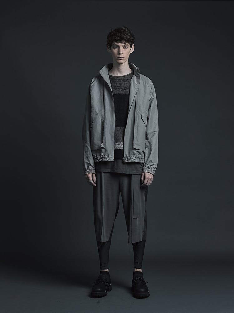 The Viridi-Anne Campaign Water Repellent Cotton Nylong Blouson Jacket in Grey Strong Twist Double Weave Cotton Three Quarter Length Shorts SS20