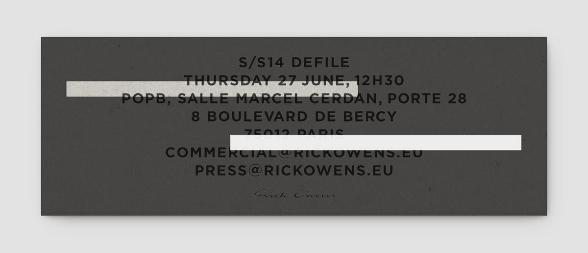 Rick Owens show invitation.
