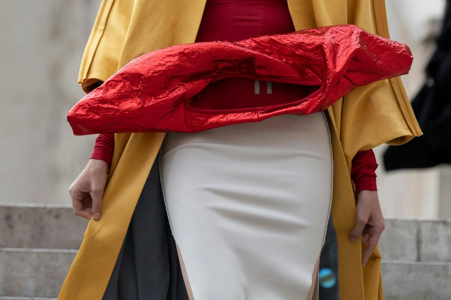 Rick Owens Runway Details Yellow Oversized Coat Red Bottom Belted Scarf Top White Skirt Womens SS20 Tecautl