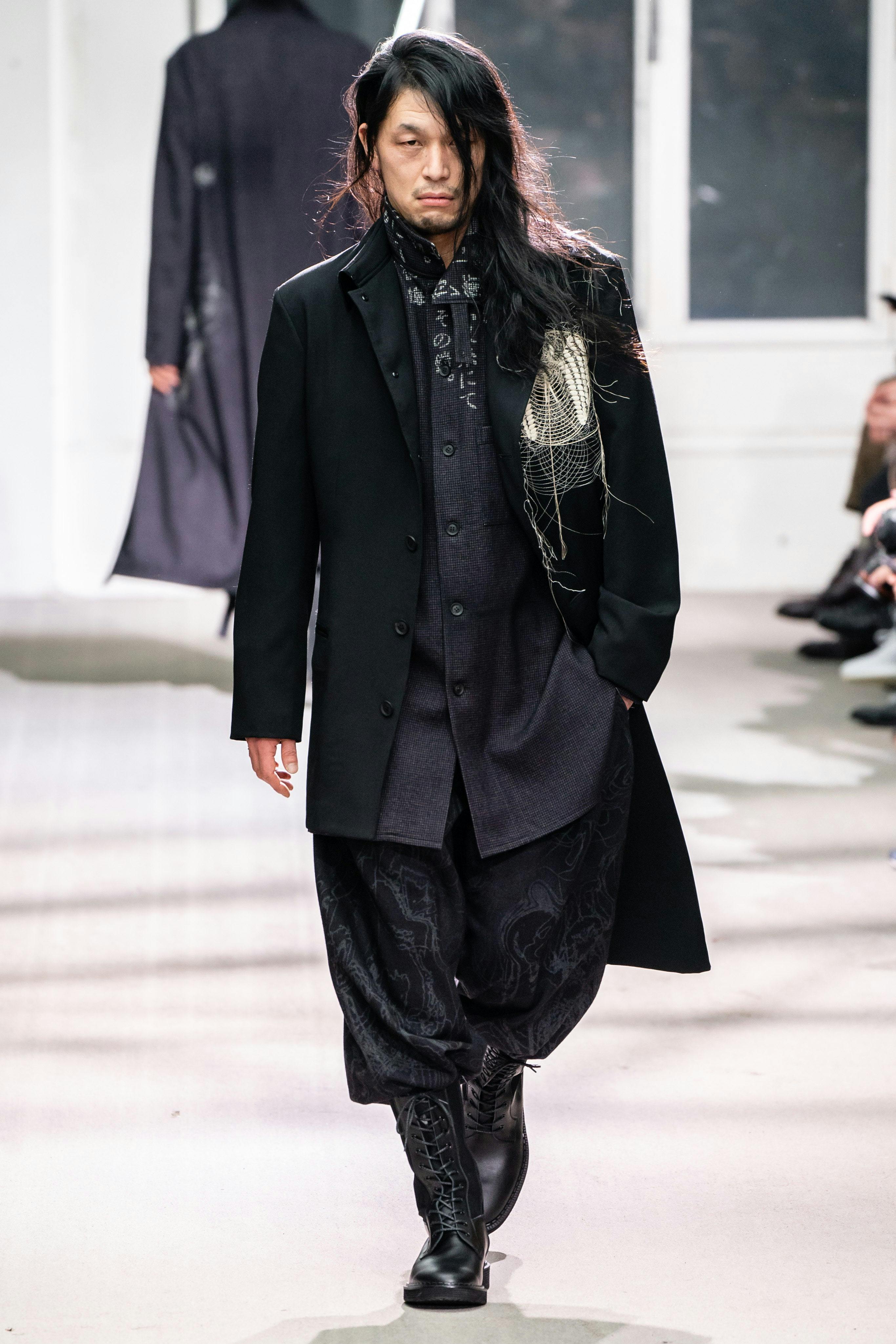 Yohji Yamamoto Embroidered Coat Print Shirt in Dark Grey Print Loose Fit Trousers High Combat Boots in Black Leather FW19