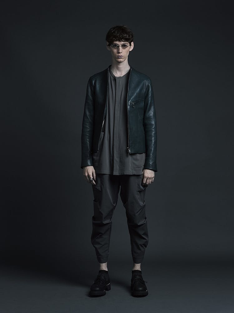 The Viridi-Anne Campaign Single Riders Jacket in Green Lamb Leather Pull Up Gather Pants in Grey SS20