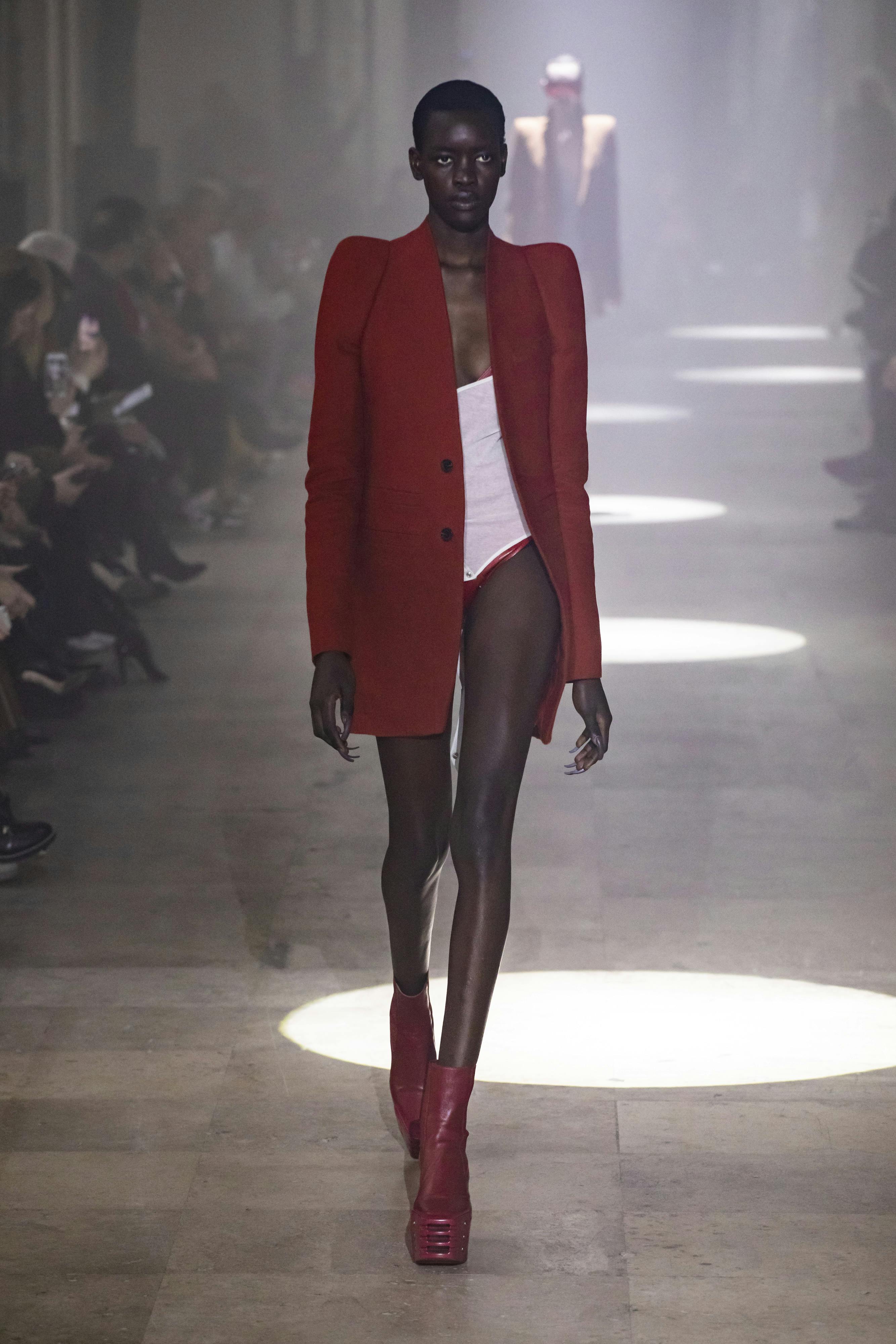 Rick Owens Runway Red Sharp Shoulder Coat White Sally Bodysuit Red Kiss Leather Boots Womens FW19 Larry