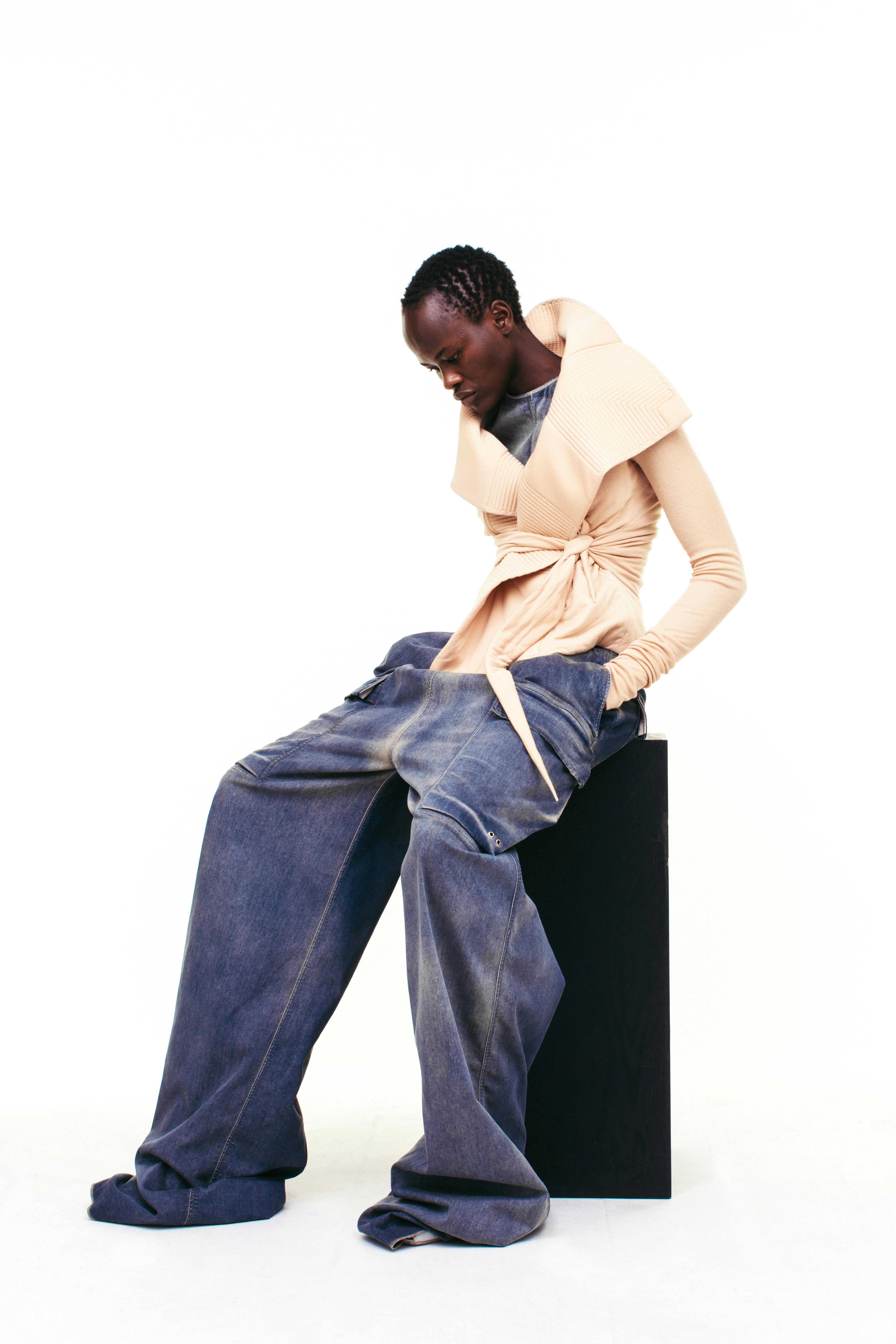 Rick Owens Campaign Exaggerated Collar Wrap in Milk White Loose Fit Cargo Denim Trousers 	Womens SS19 Pre Collection