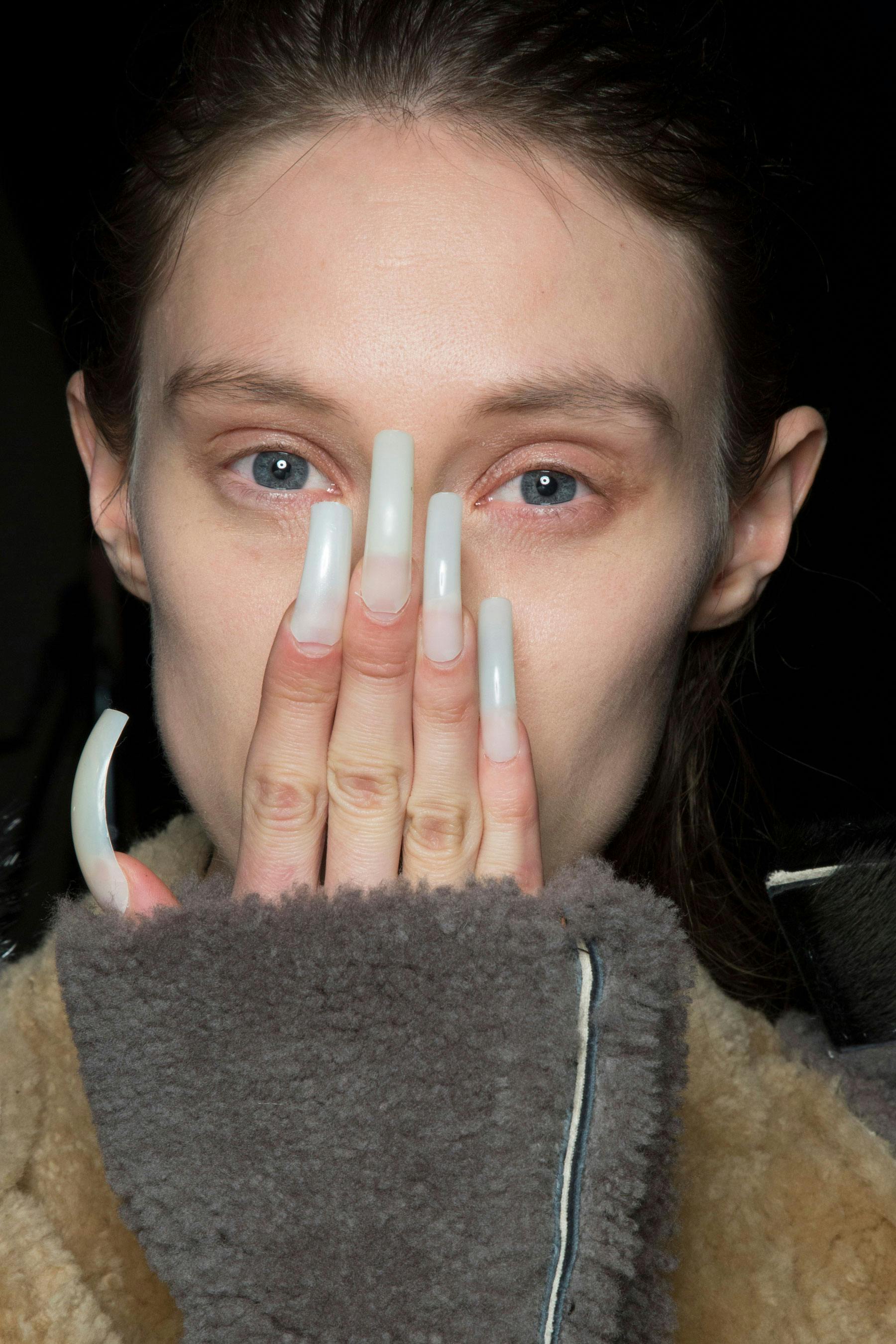 Rick Owens Backstage Model Wears Sherling Multi Colored Coat Nail Detail Womens FW19 Larry