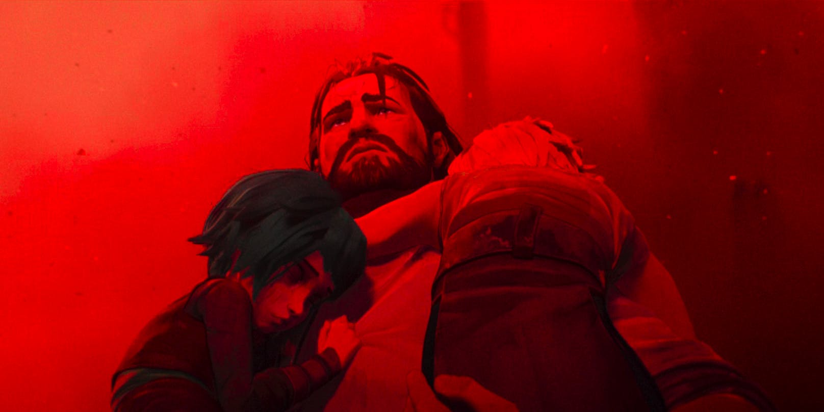 Vander holding Vi and Jinx on the bridge