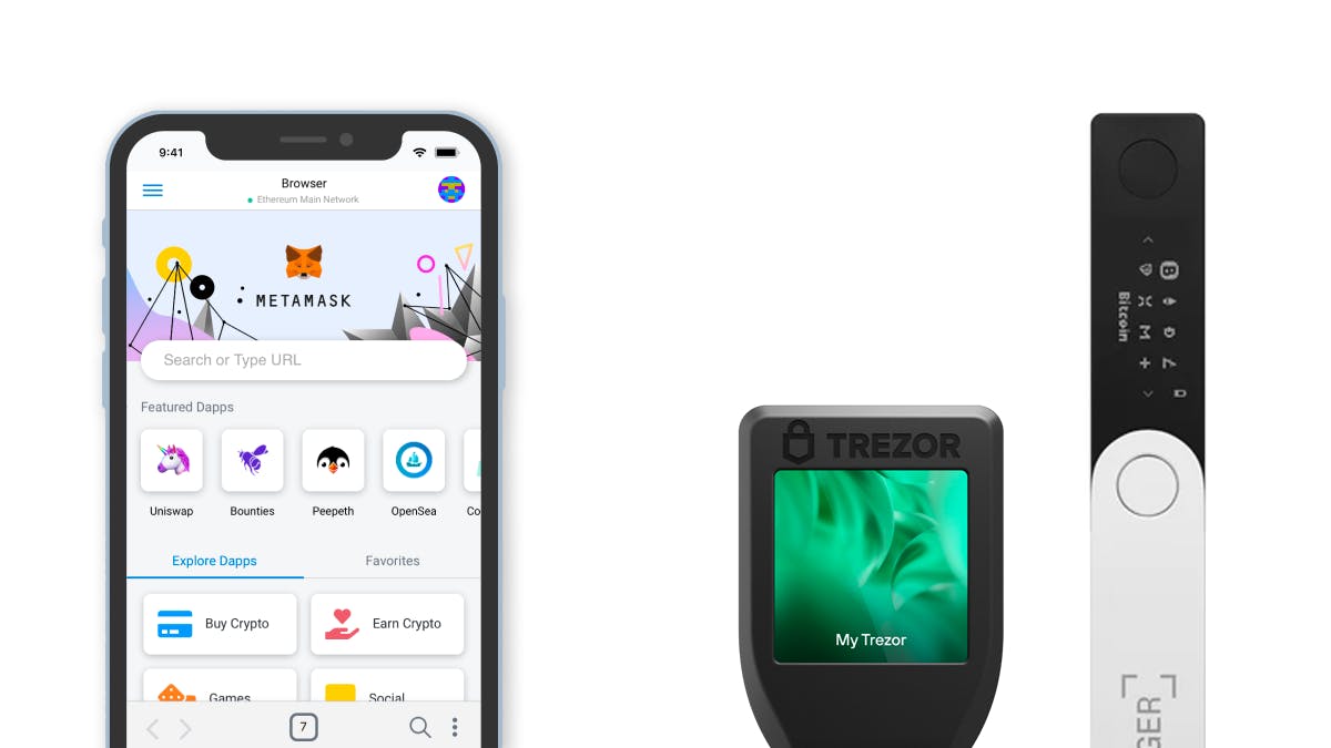 A mobile phone with the Metamask app and two hardware wallets: Trezor Model T and Ledger Nano X