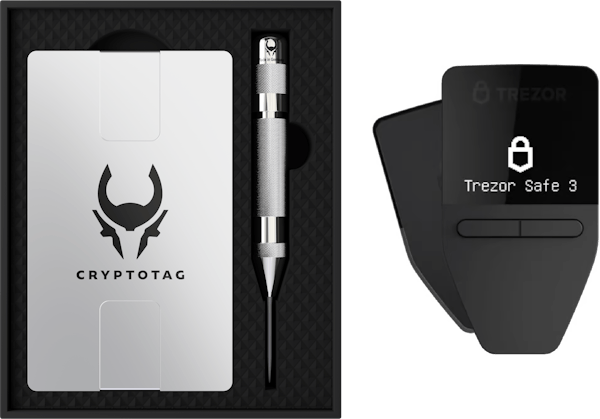 New Trezor Safe 3 crypto hardware wallet and Cryptotag Zeus for seed phrase storage