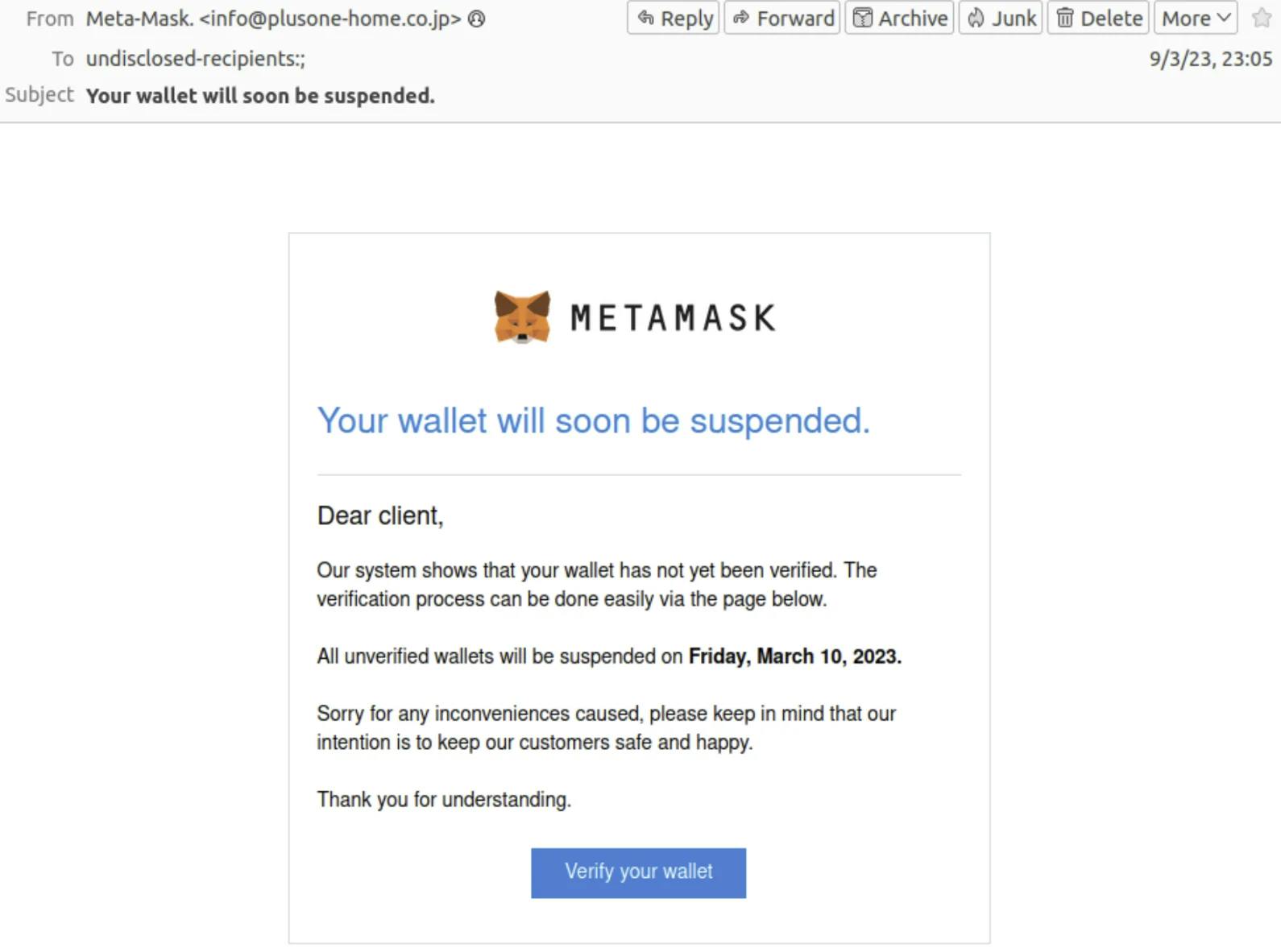 Phishing email claiming to be from MetaMask