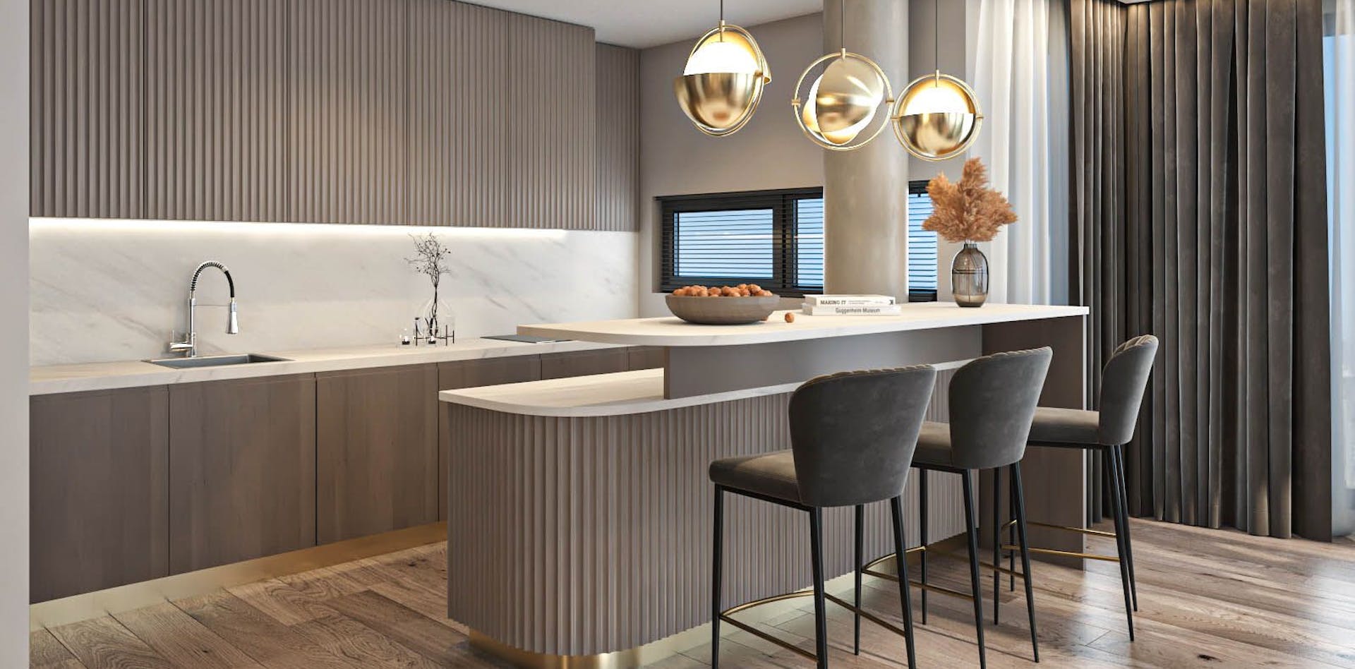 Bucătărie modernă open space cu insulă și design elegant în complexul rezidențial Nordului