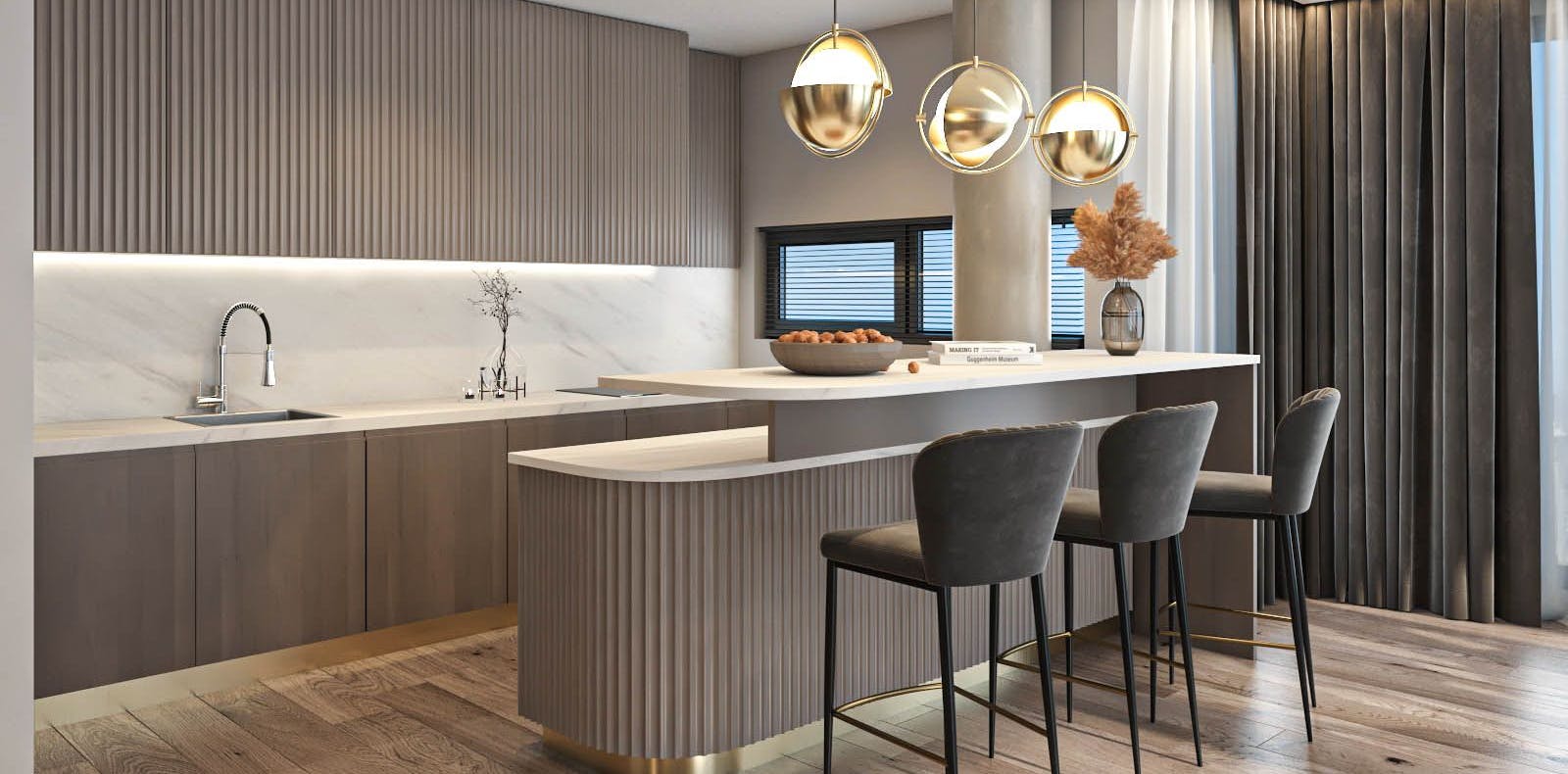 Bucătărie modernă open space cu insulă și design elegant în complexul rezidențial Nordului